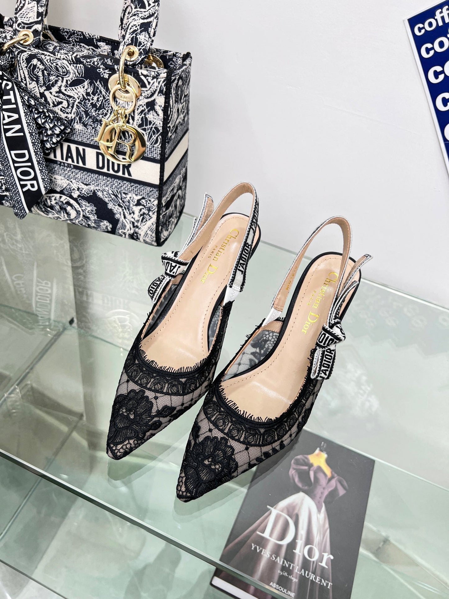 DIOR slingback pump 95 transparent mesh embroidered black flower moitf