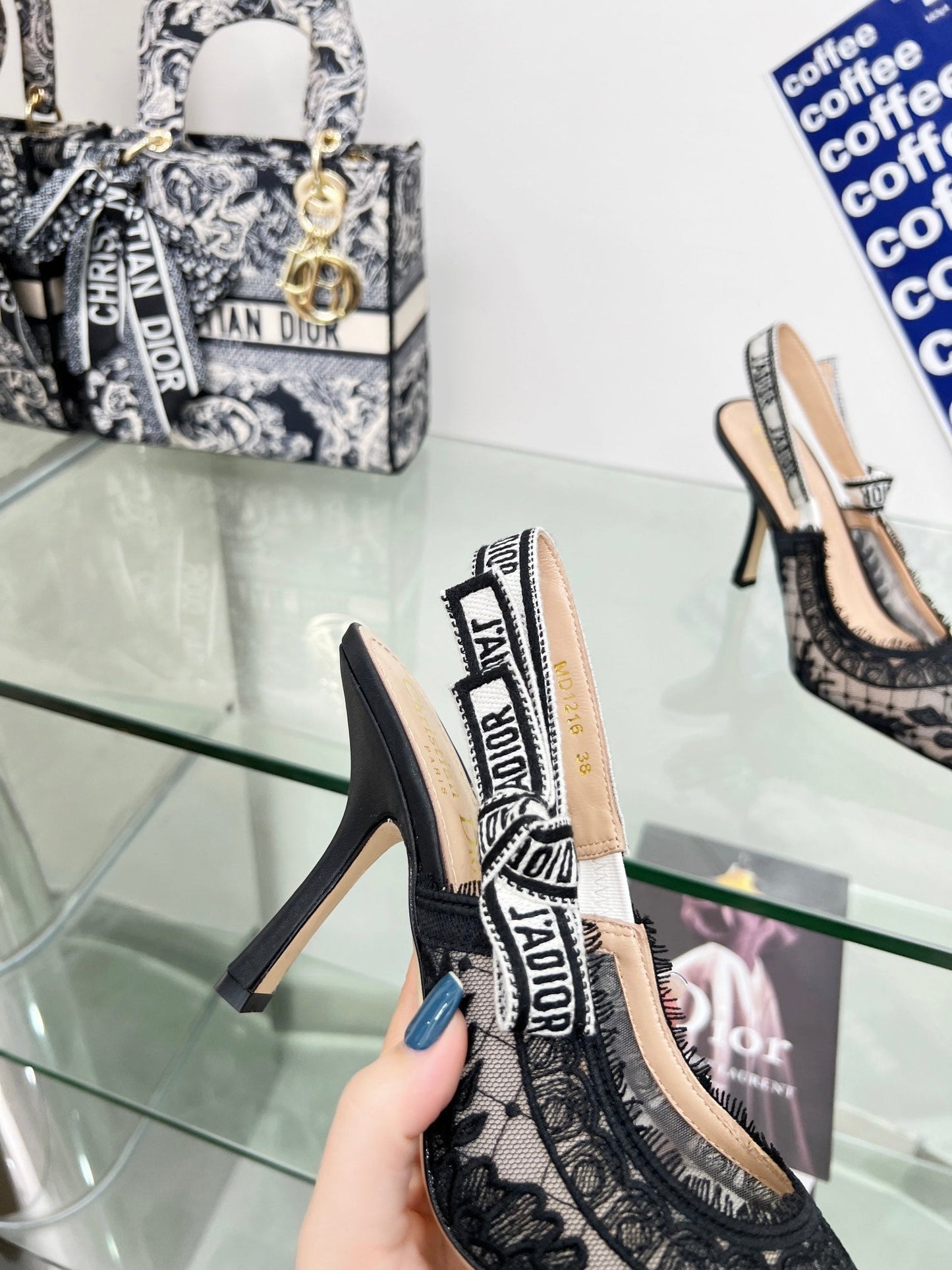 DIOR slingback pump 95 transparent mesh embroidered black flower moitf