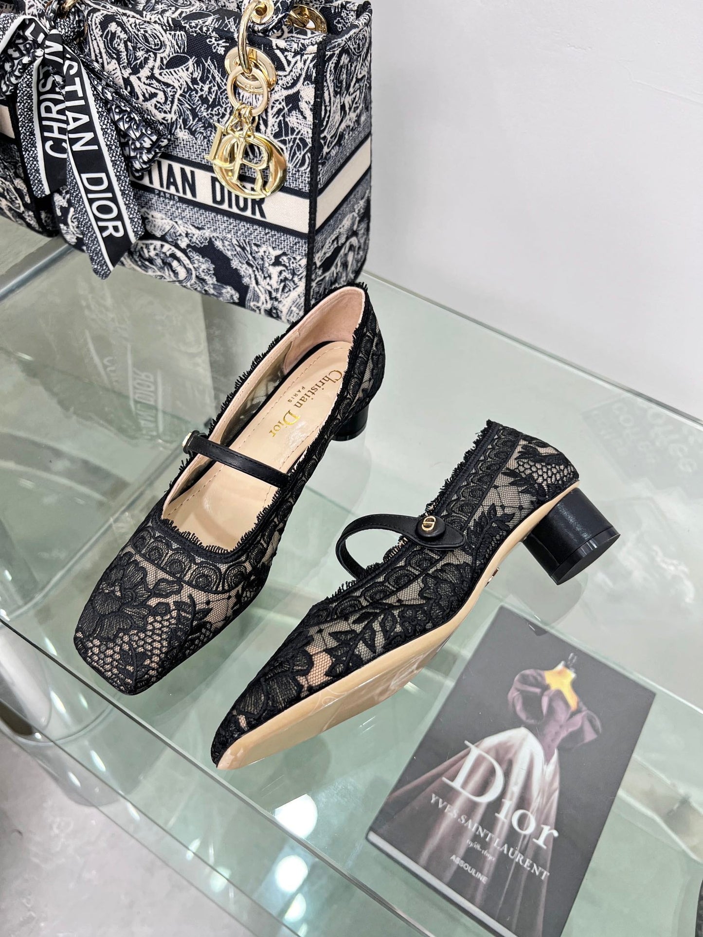 DIOR mary jane transparent mesh embroidered black flower motif