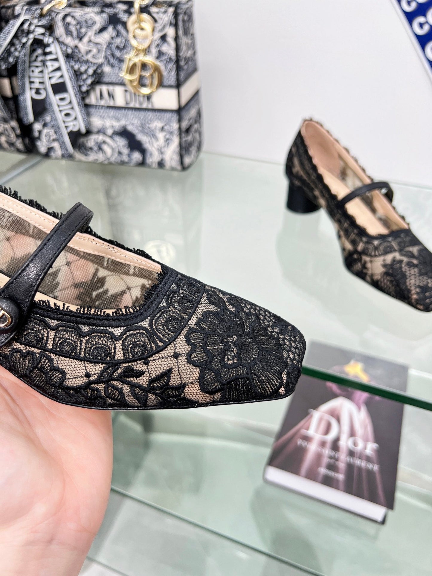 DIOR mary jane transparent mesh embroidered black flower motif