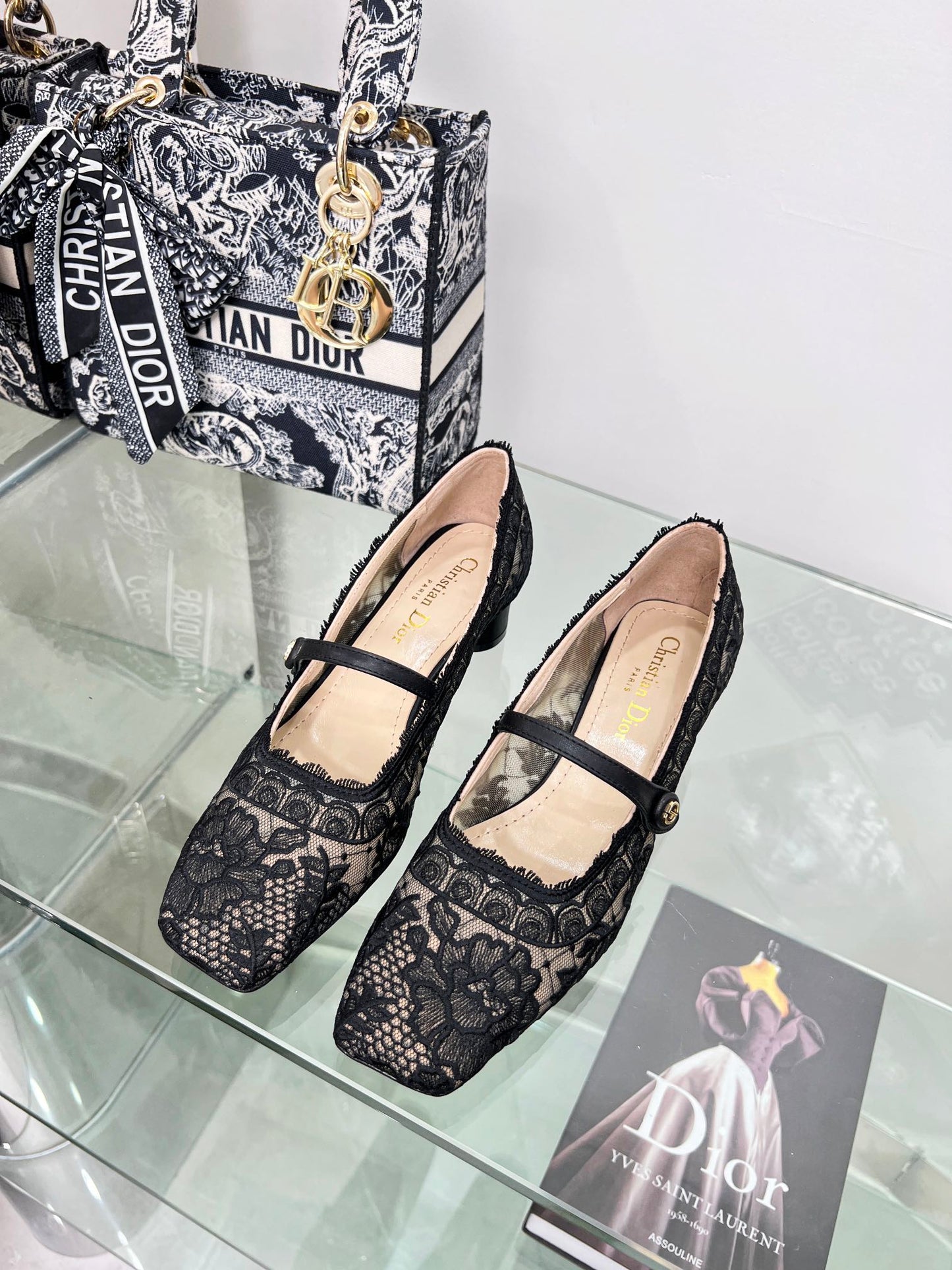 DIOR mary jane transparent mesh embroidered black flower motif