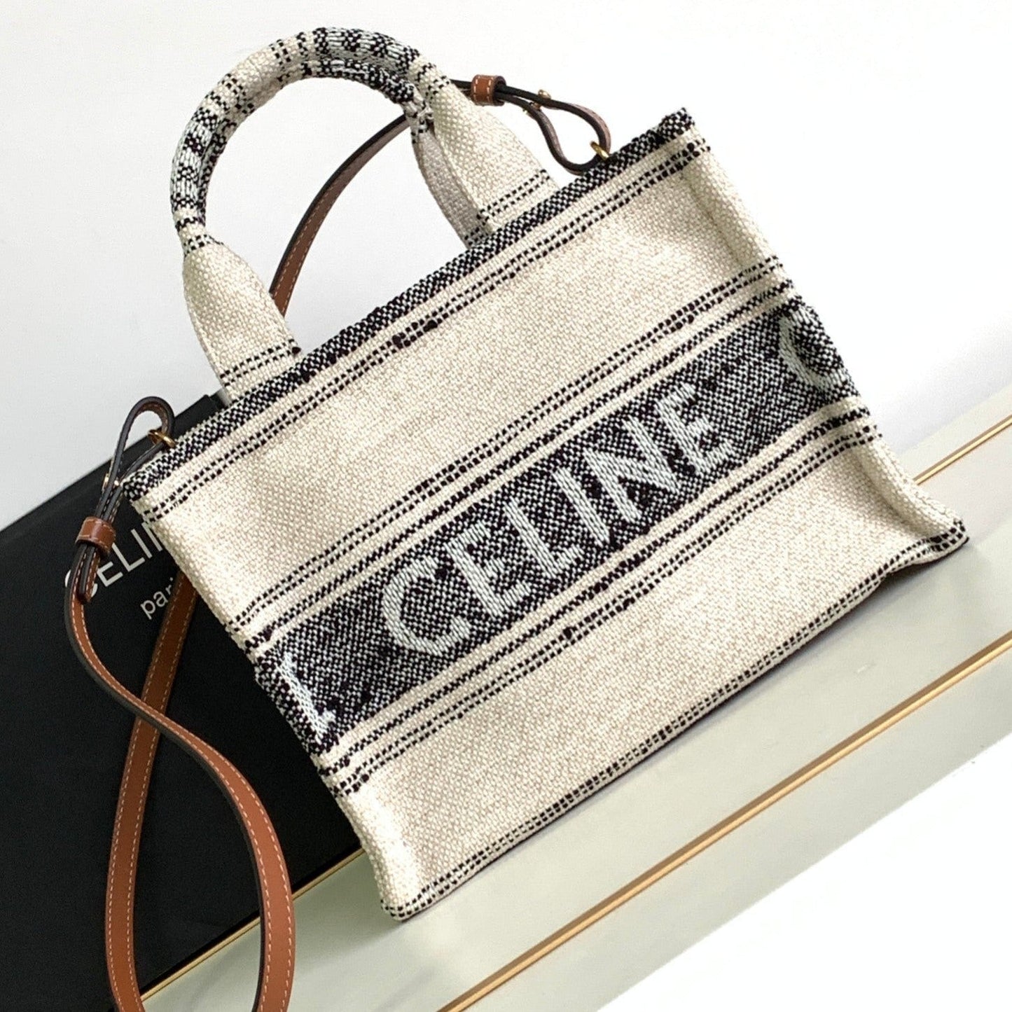 Celine small cabas thai 26 cream black stripe textile