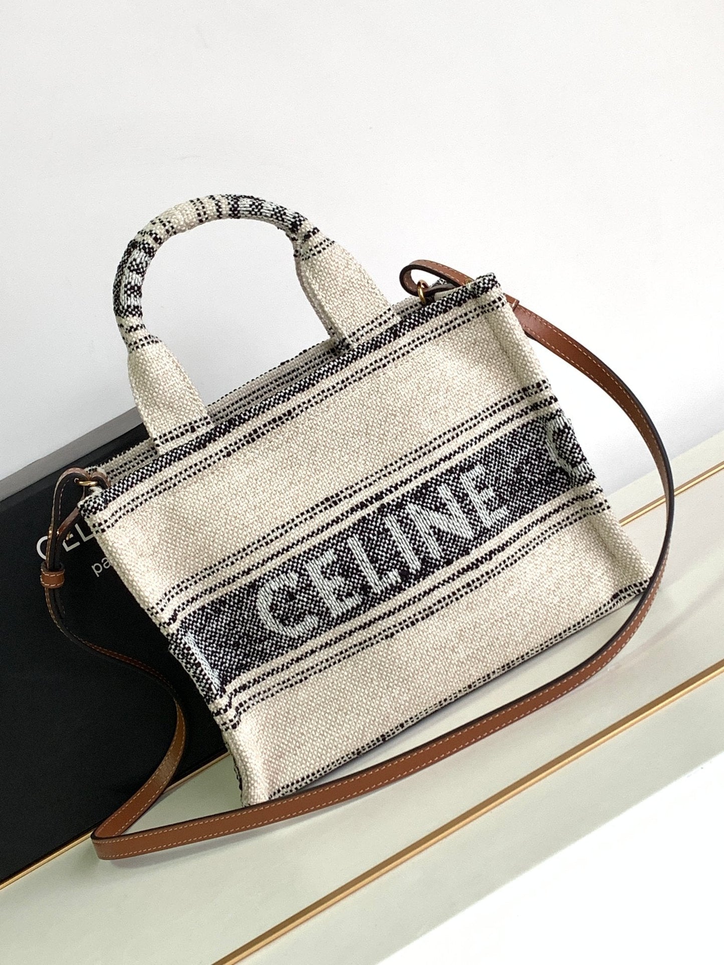 Celine small cabas thai 26 cream black stripe textile