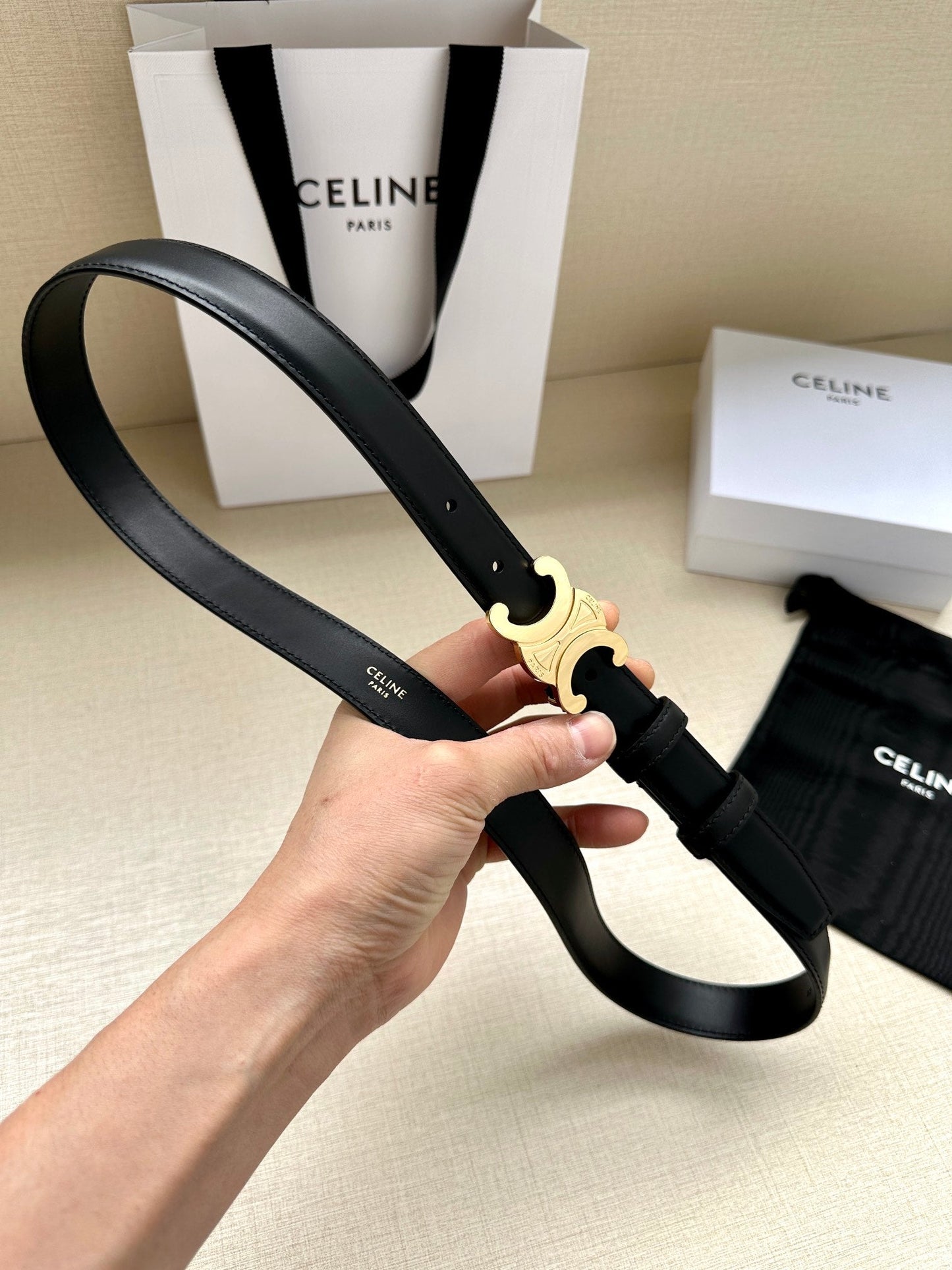 Celine Medium Triomphe Belt 25mm Black Calfskin Ghw
