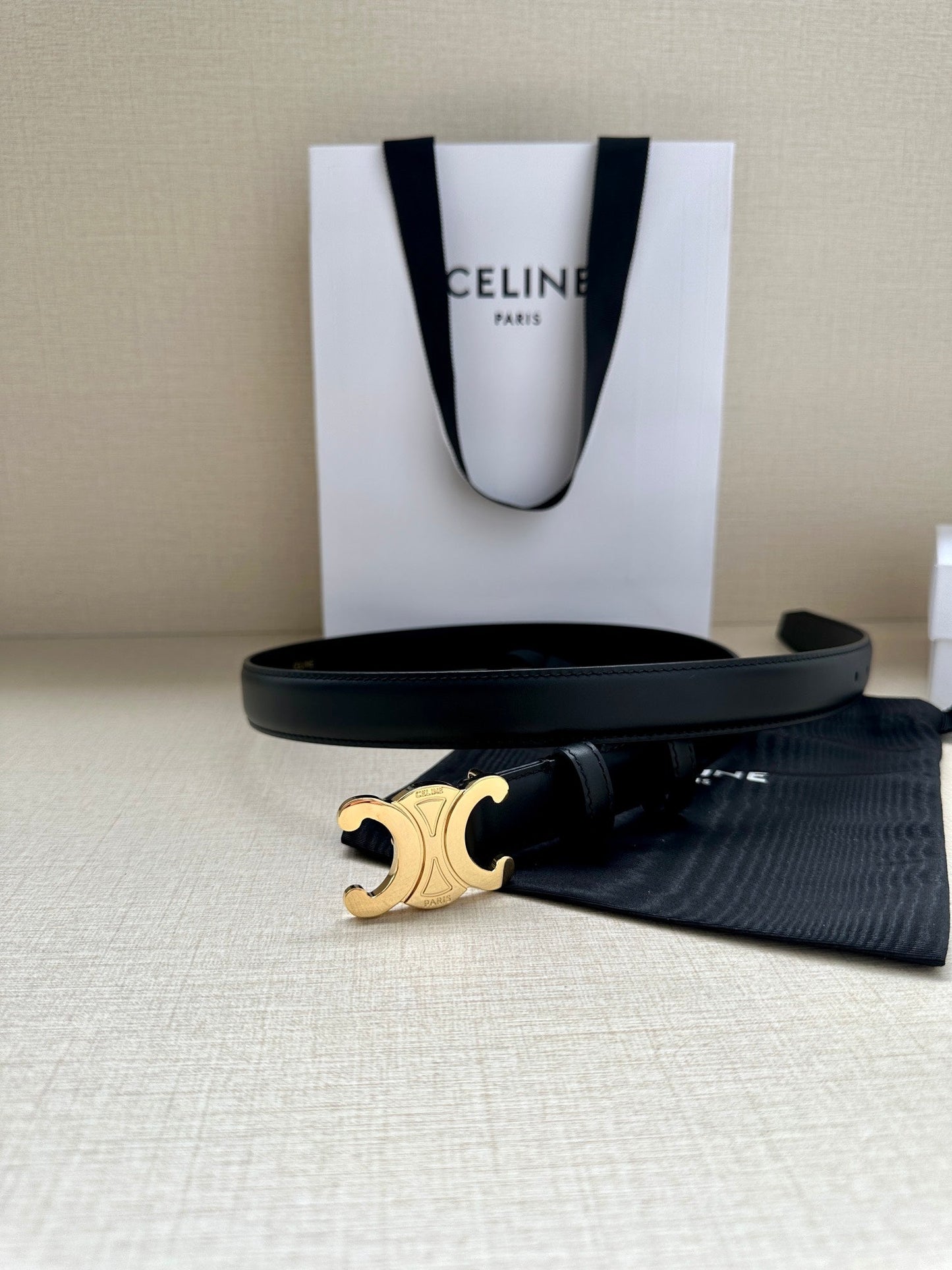 Celine Medium Triomphe Belt 25mm Black Calfskin Ghw