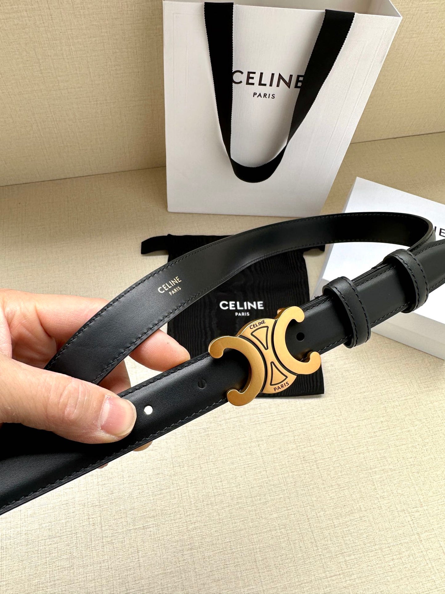 Celine Medium Triomphe Belt 25mm Black Calfskin Gold Finishing