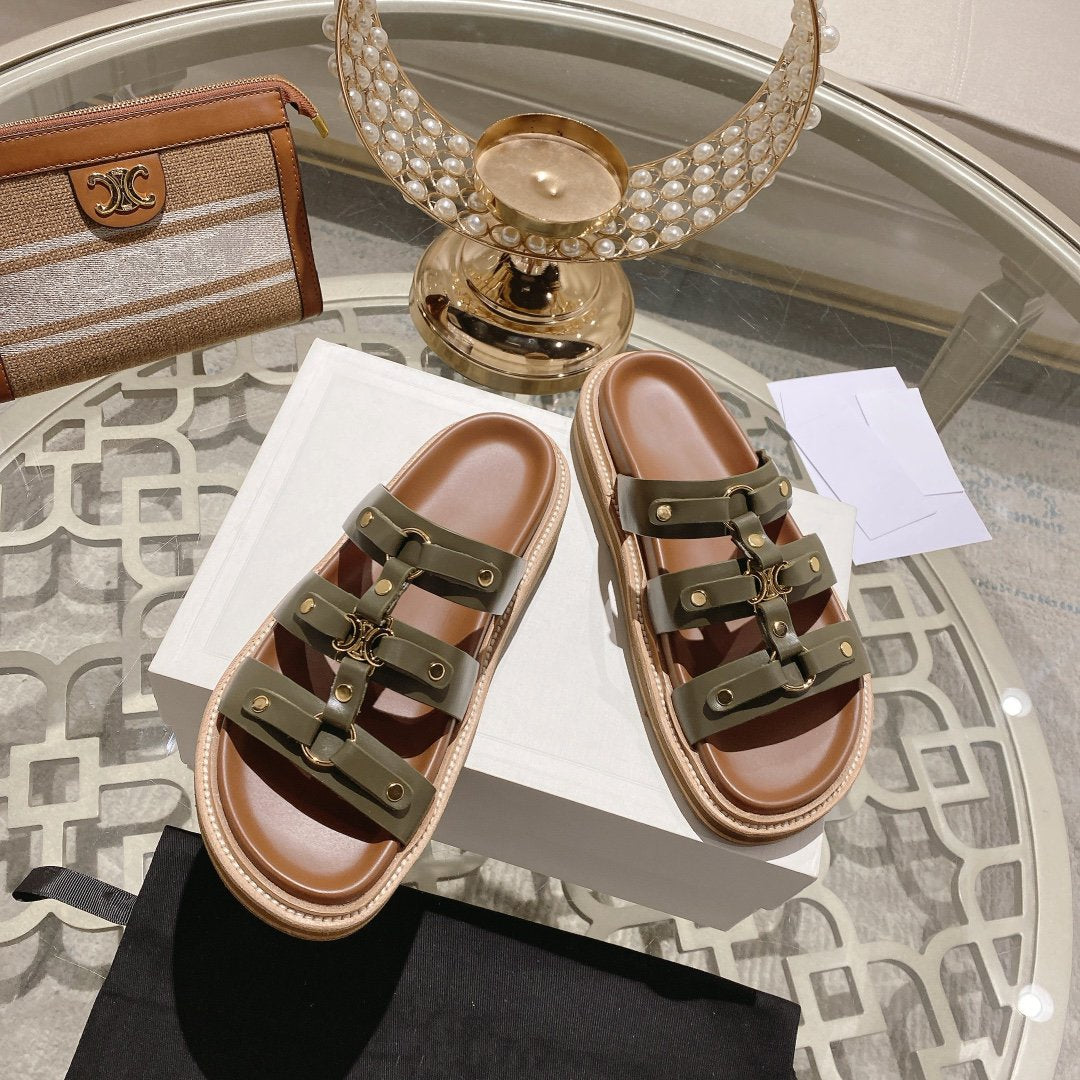 Celine slides tippi dark olive calfskin
