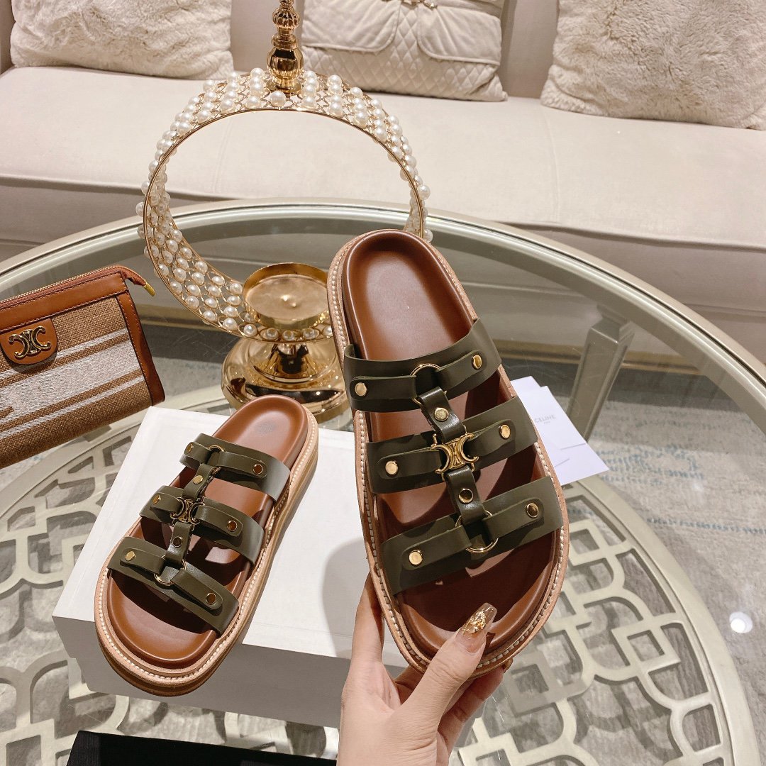 Celine slides tippi dark olive calfskin
