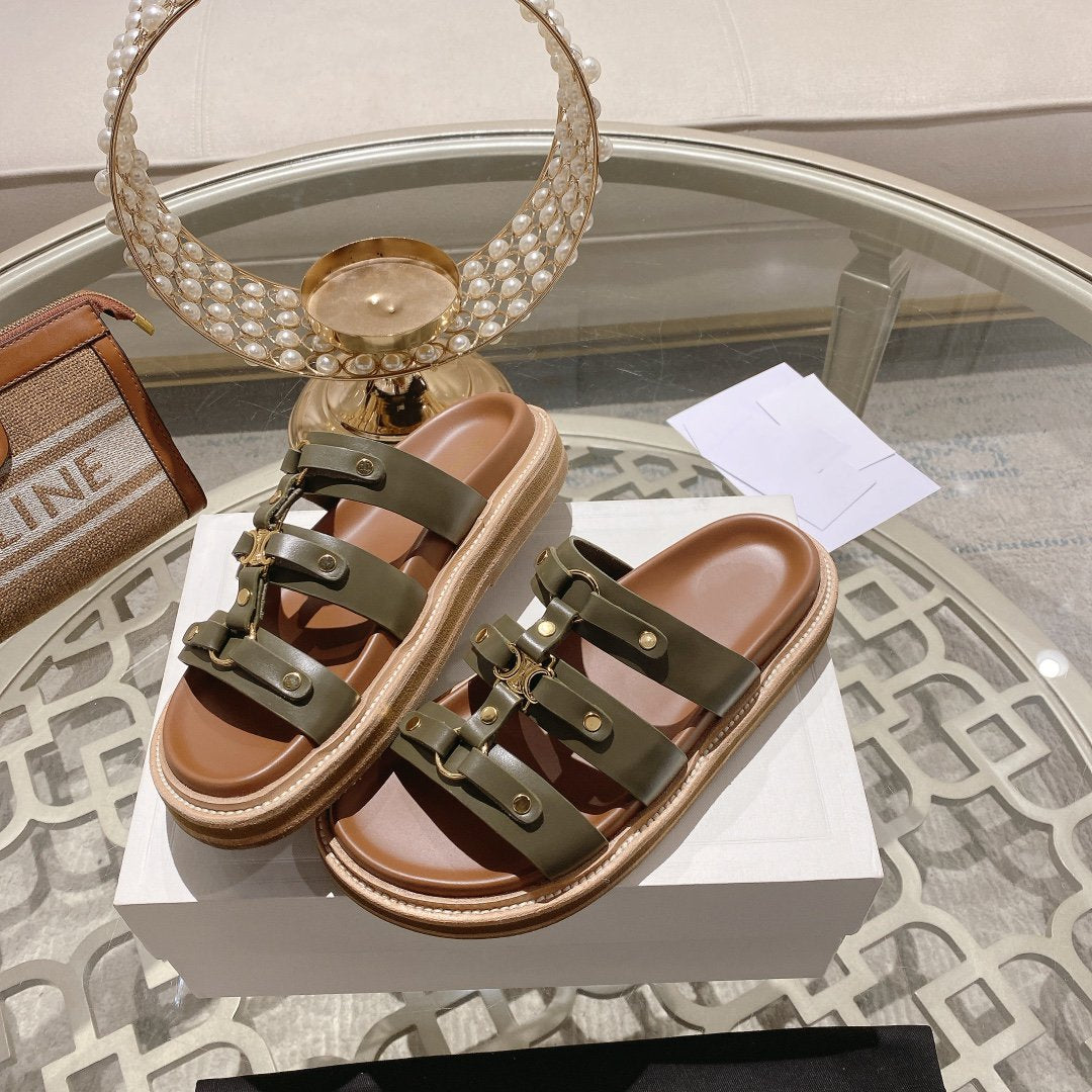 Celine slides tippi dark olive calfskin