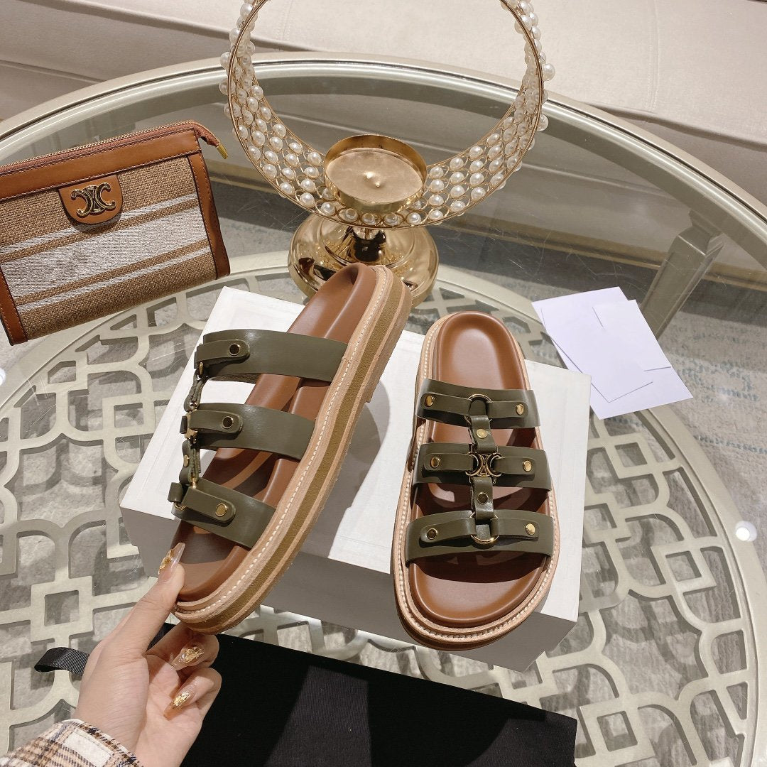 Celine slides tippi dark olive calfskin