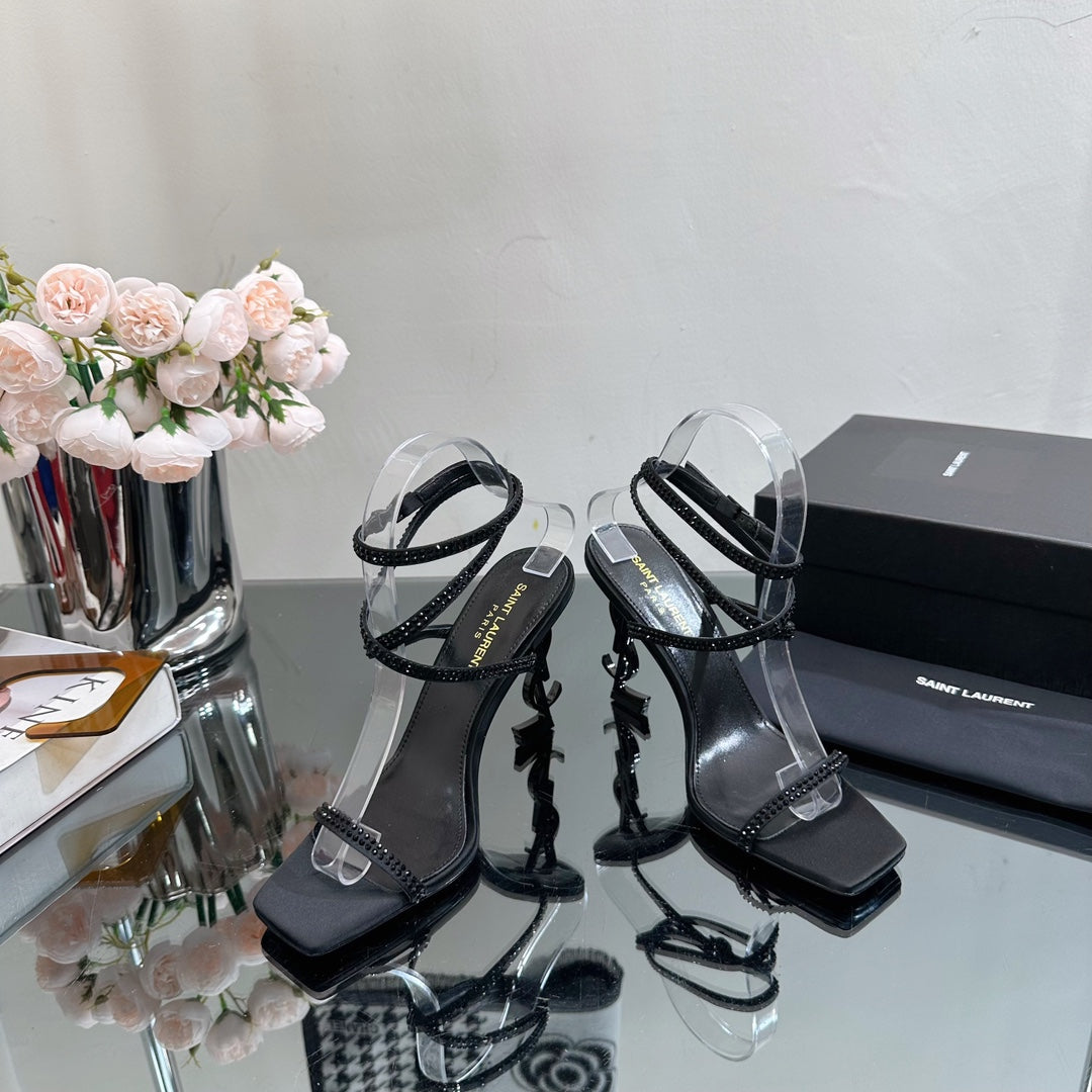 Saint Laurent SL OPYUM CRYSTAL HEELED SANDALS BLACK SATIN