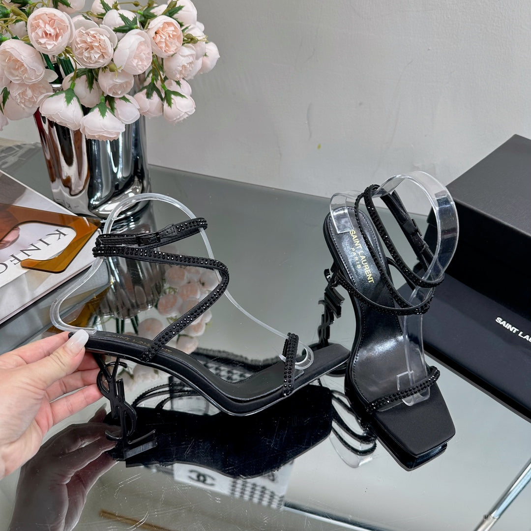 Saint Laurent SL OPYUM CRYSTAL HEELED SANDALS BLACK SATIN