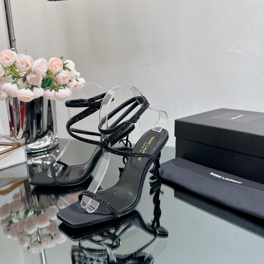 Saint Laurent SL OPYUM CRYSTAL HEELED SANDALS BLACK SATIN