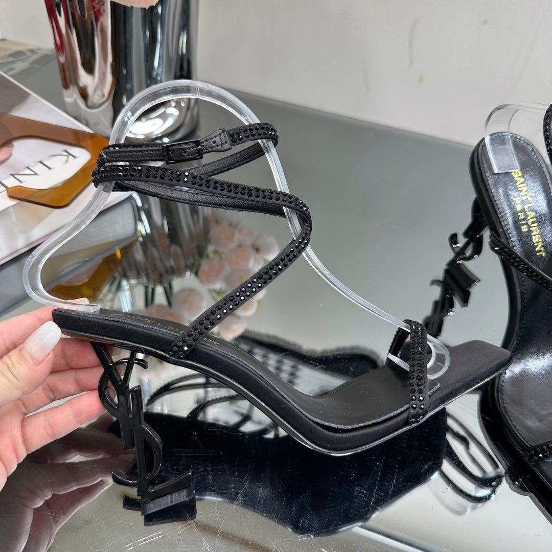 Saint Laurent SL OPYUM CRYSTAL HEELED SANDALS BLACK SATIN