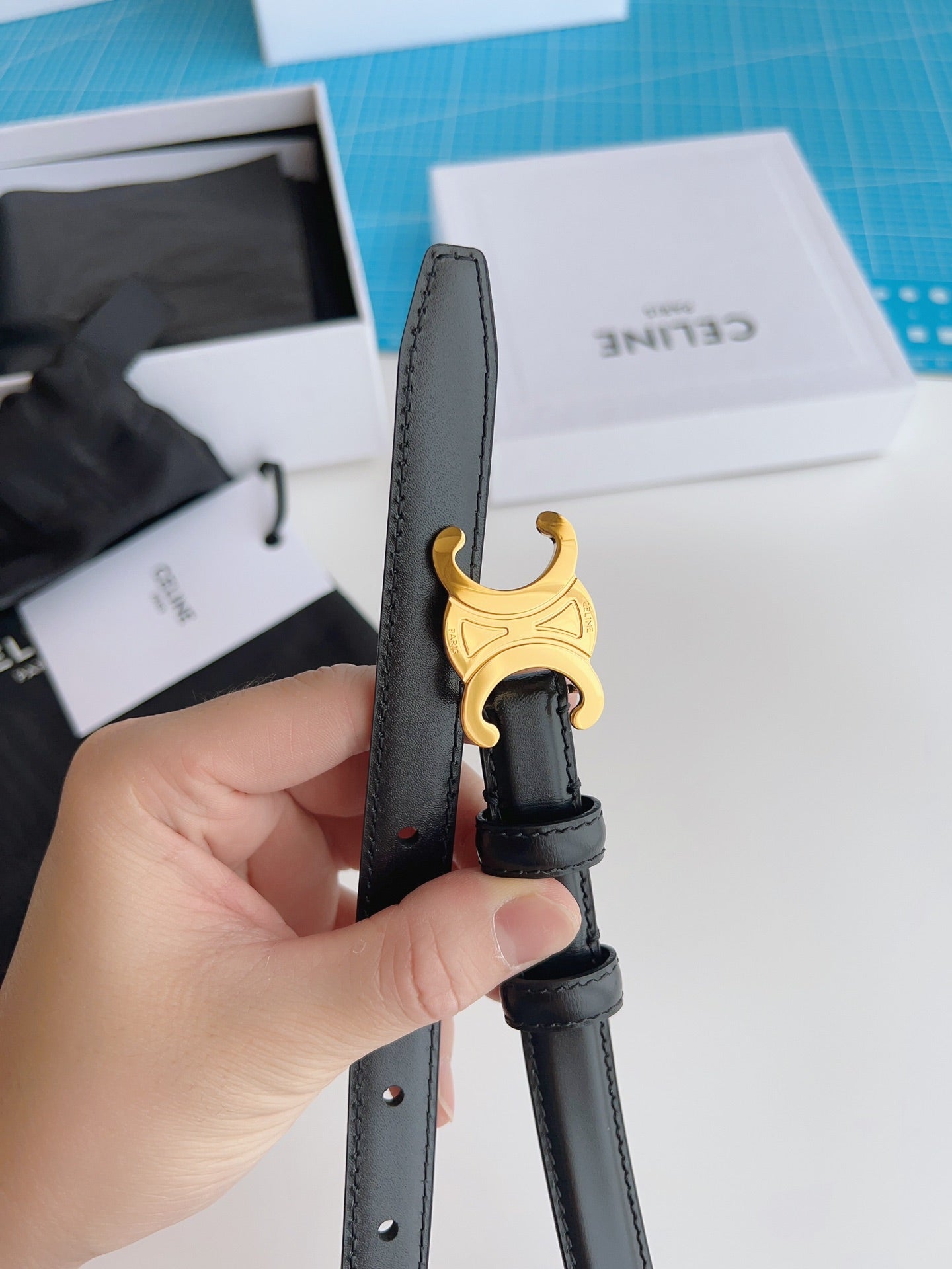 Celine Triomphe Belt 18mm Black Calfskin Gold Buckle