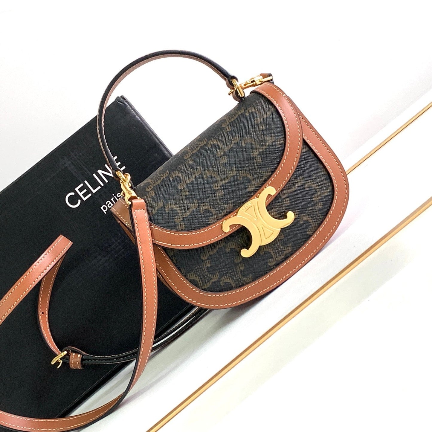Celine TEEN CHAIN BESACE TRIOMPHE 15.5CM BROWN MONOGRAM AND CALFSKIN TAN