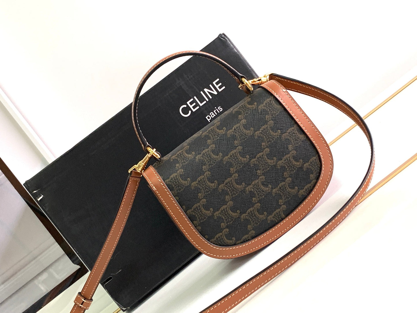 Celine TEEN CHAIN BESACE TRIOMPHE 15.5CM BROWN MONOGRAM AND CALFSKIN TAN