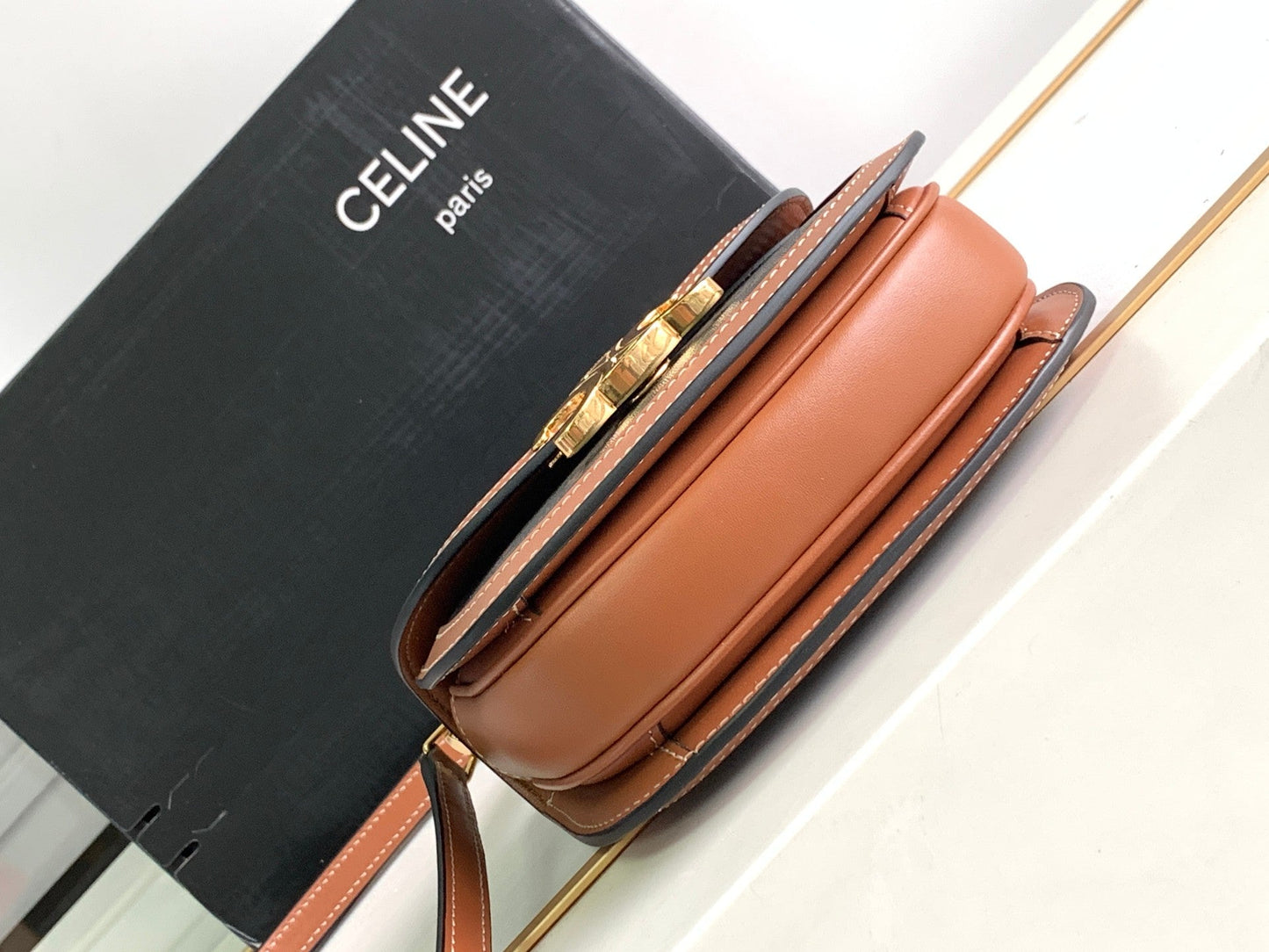 Celine TEEN CHAIN BESACE TRIOMPHE 15.5CM BROWN MONOGRAM AND CALFSKIN TAN