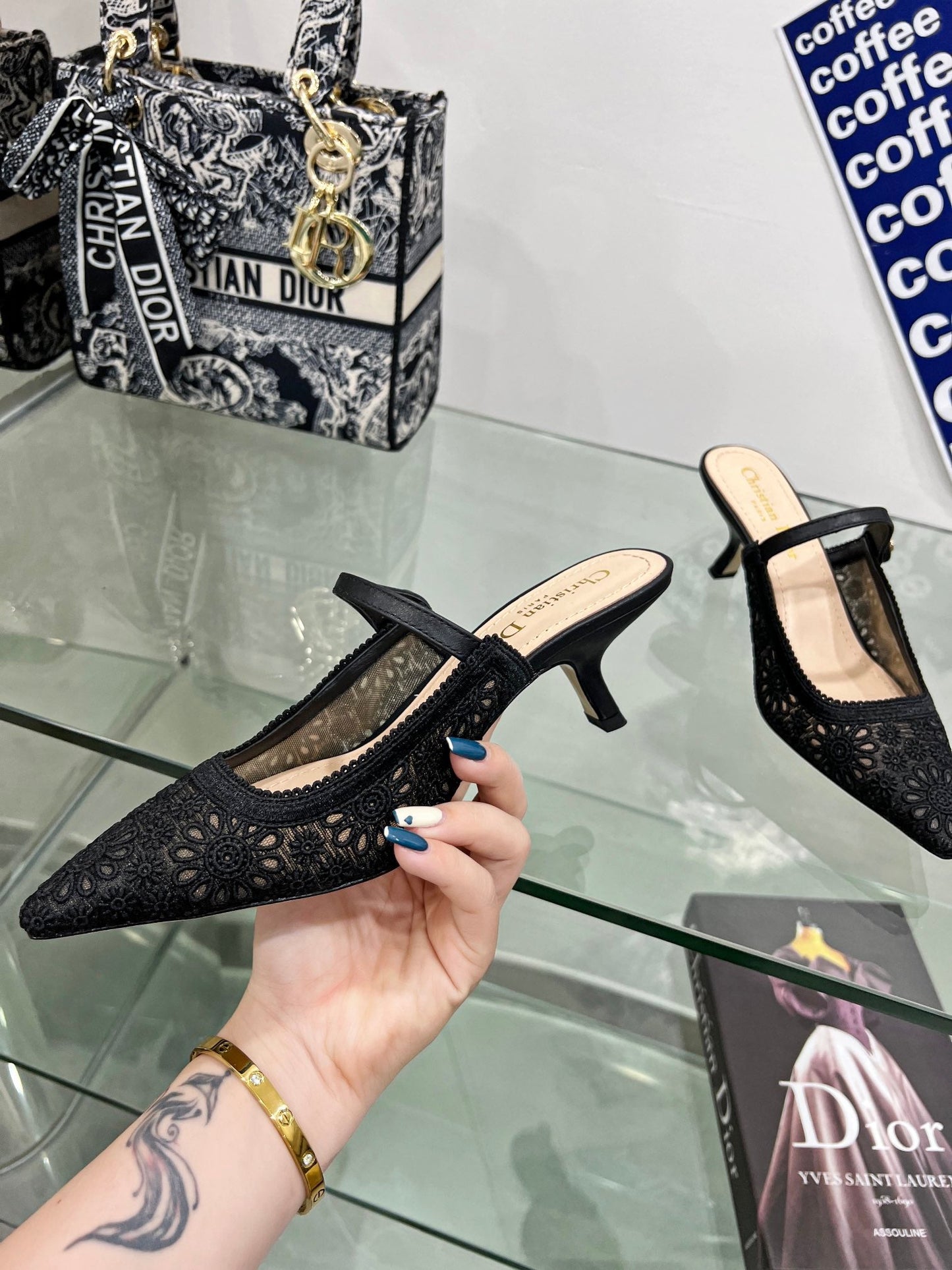 DIOR pump 65 transparent mesh embroidered black flower moitf