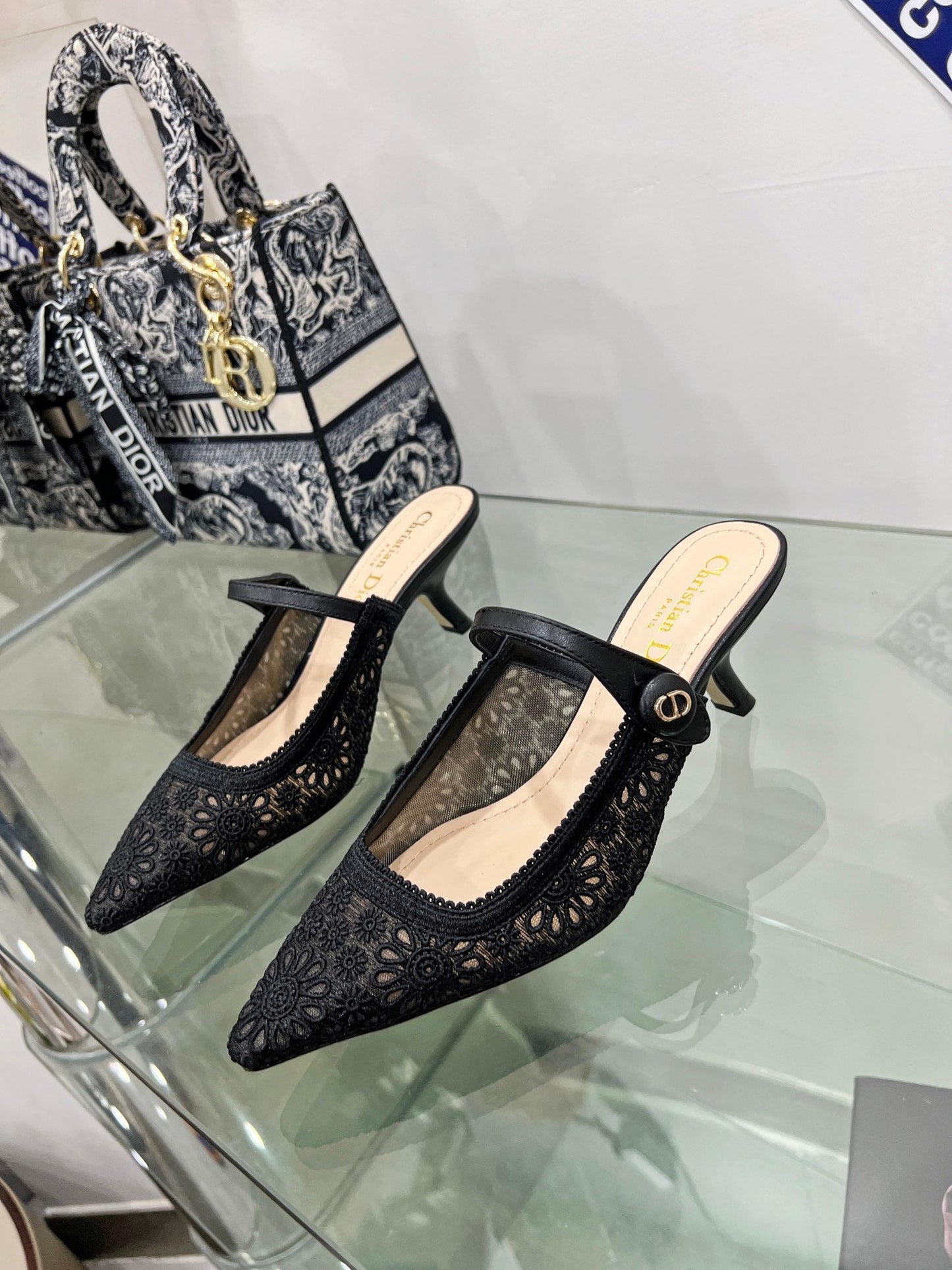 DIOR pump 65 transparent mesh embroidered black flower moitf