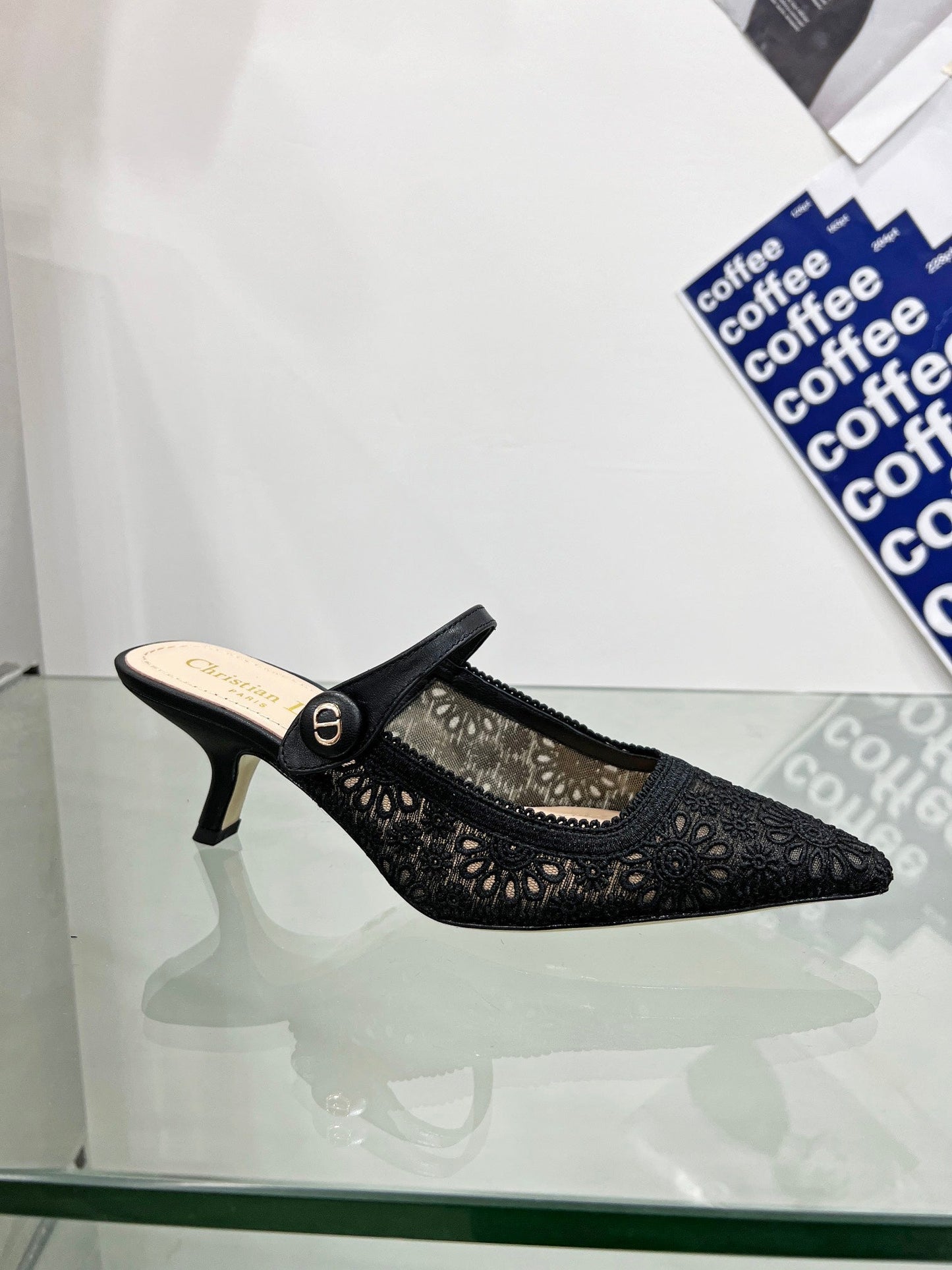DIOR pump 65 transparent mesh embroidered black flower moitf