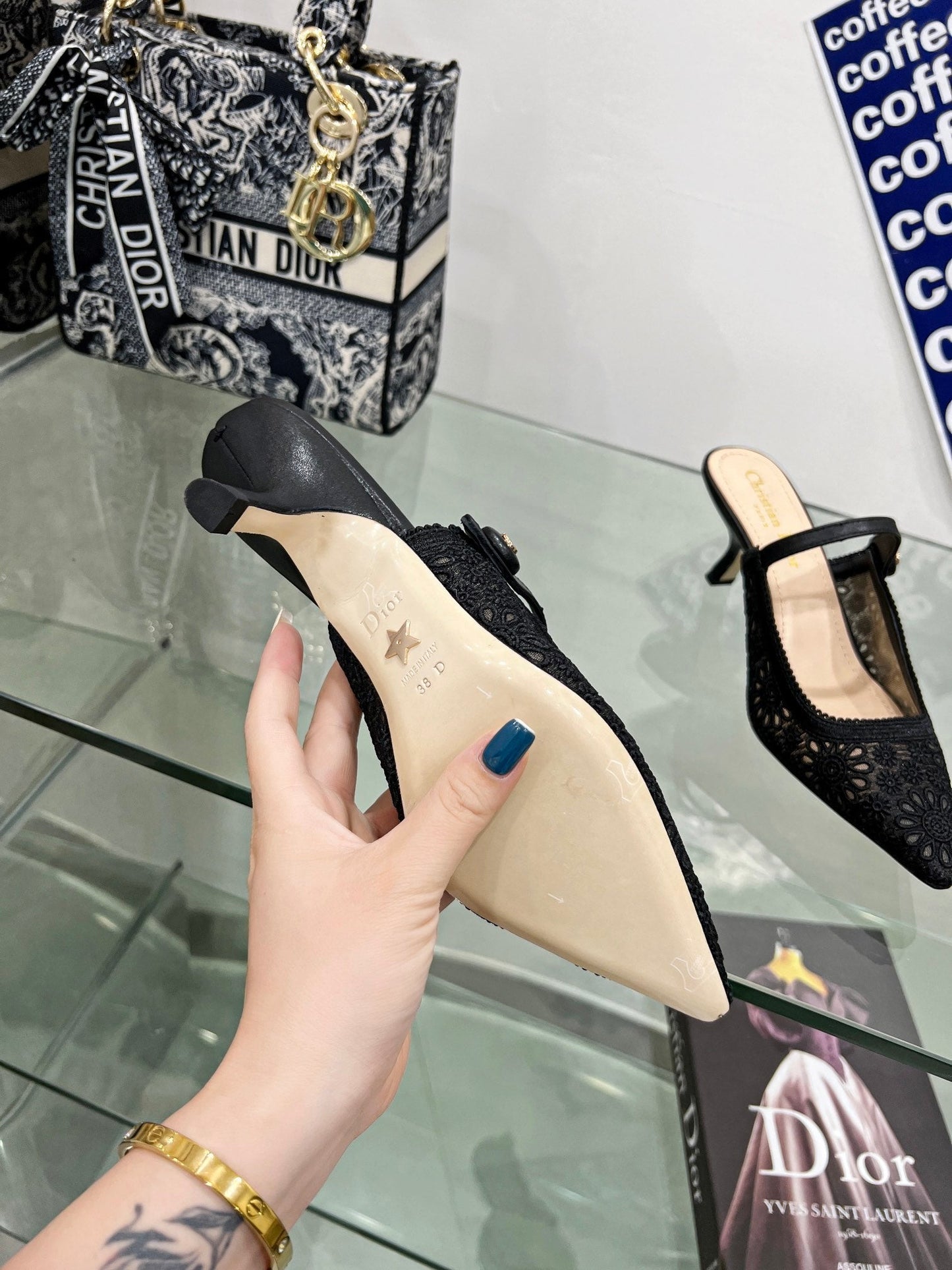 DIOR pump 65 transparent mesh embroidered black flower moitf
