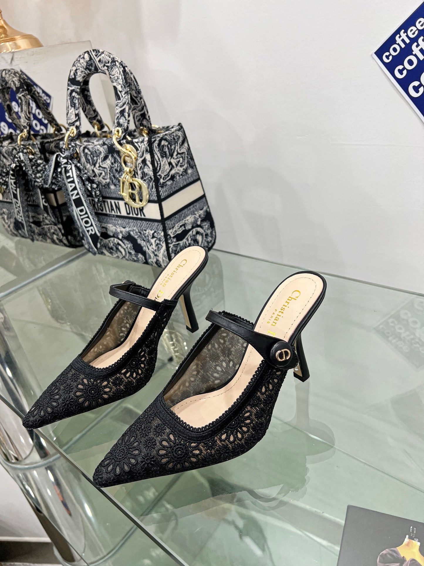 DIOR pump 95 transparent mesh embroidered black flower moitf