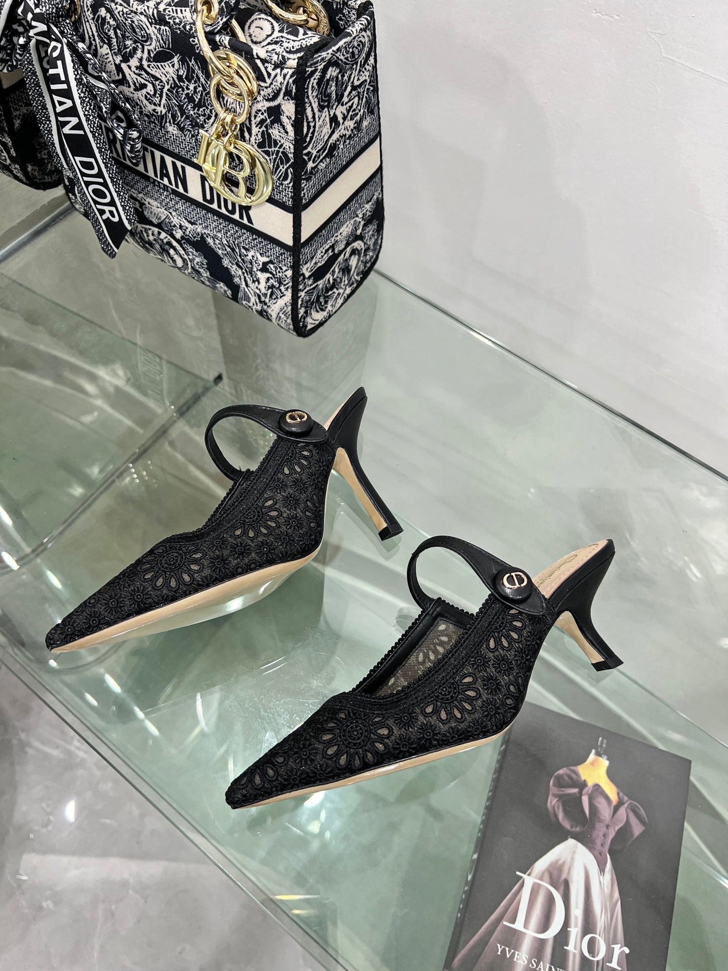 DIOR pump 95 transparent mesh embroidered black flower moitf