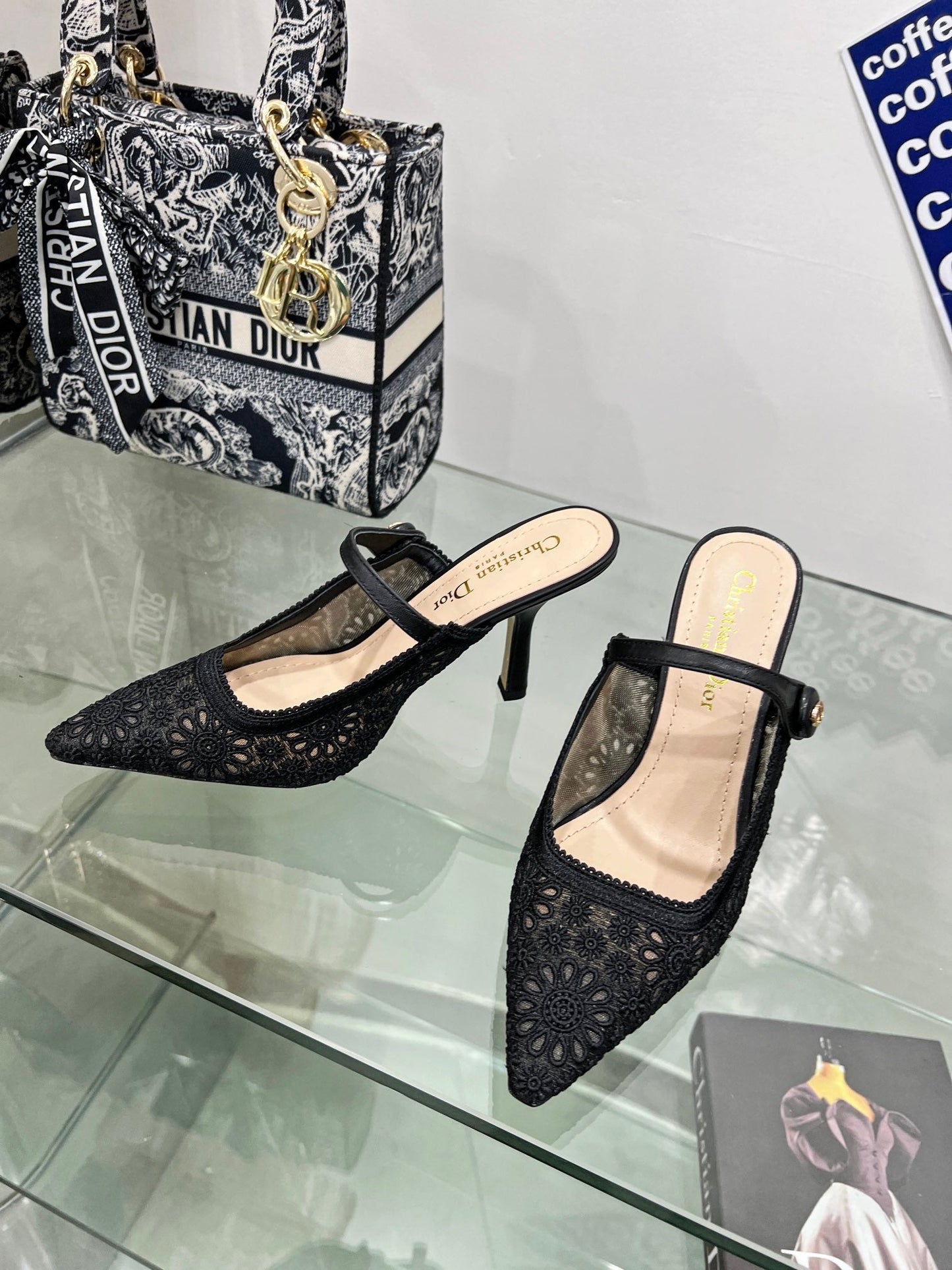 DIOR pump 95 transparent mesh embroidered black flower moitf