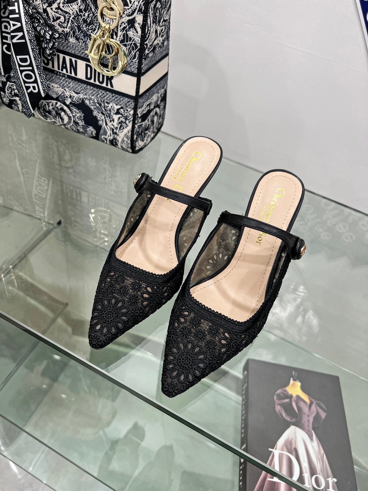 DIOR pump 95 transparent mesh embroidered black flower moitf