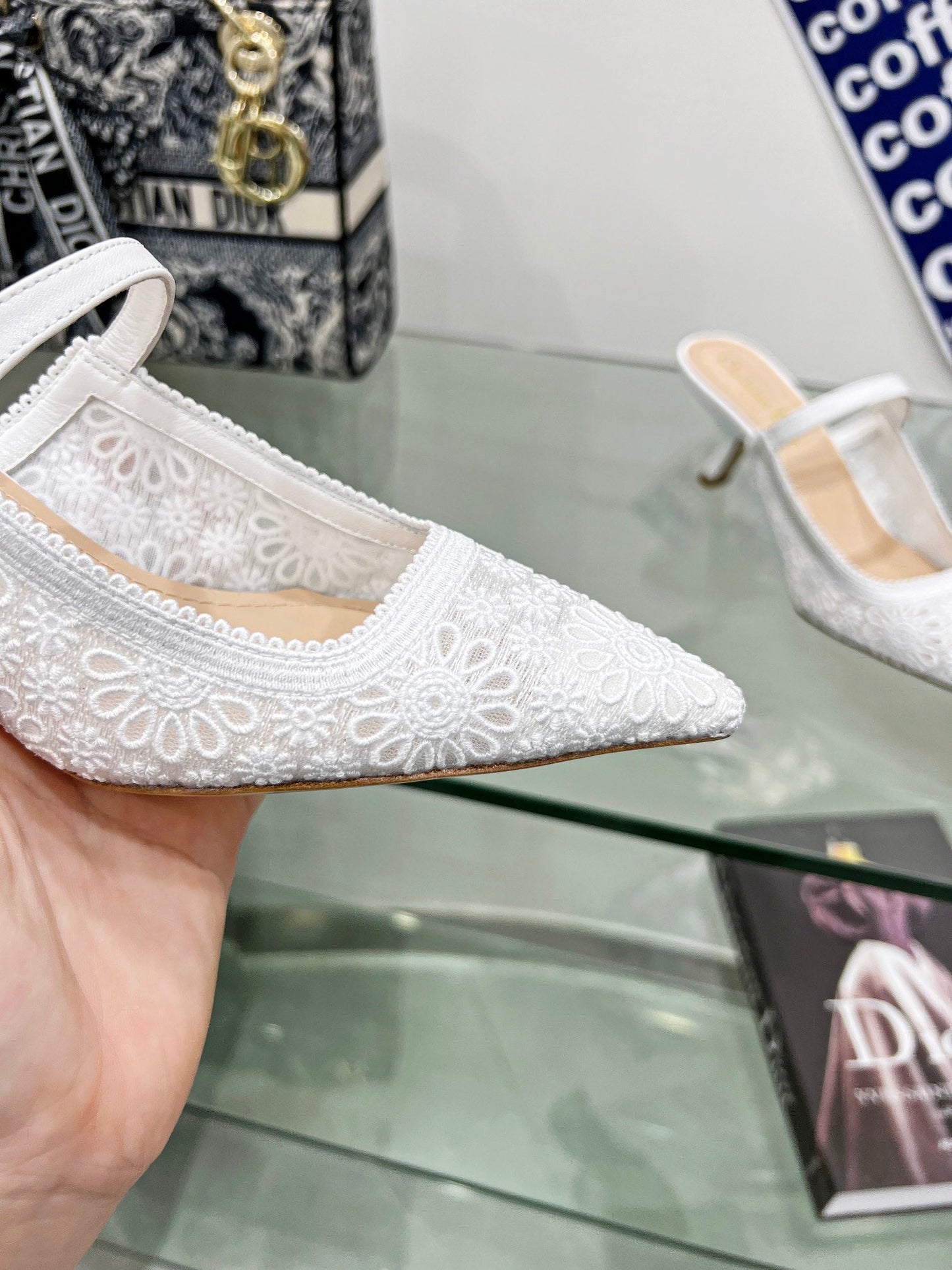 DIOR pump 65 transparent mesh embroidered white flower moitf