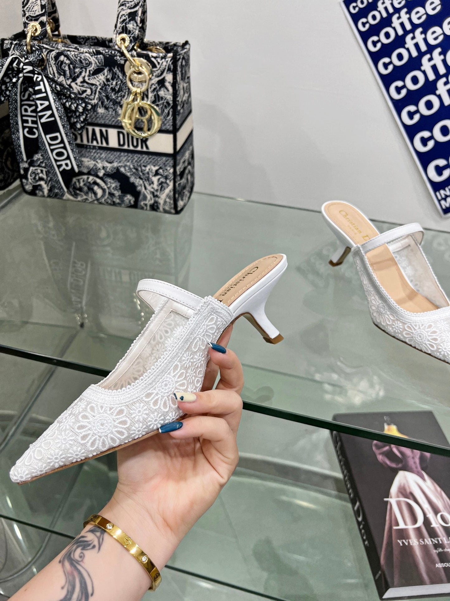 DIOR pump 65 transparent mesh embroidered white flower moitf