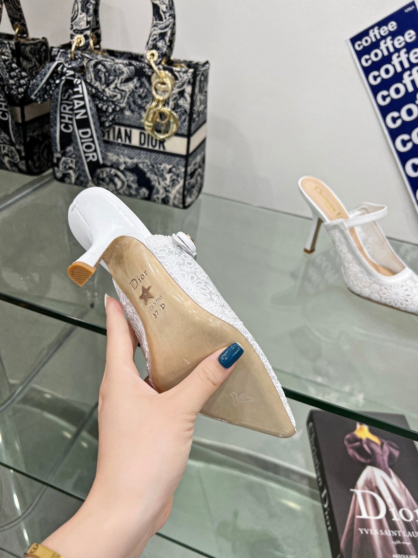 DIOR pump 95 transparent mesh embroidered white flower moitif