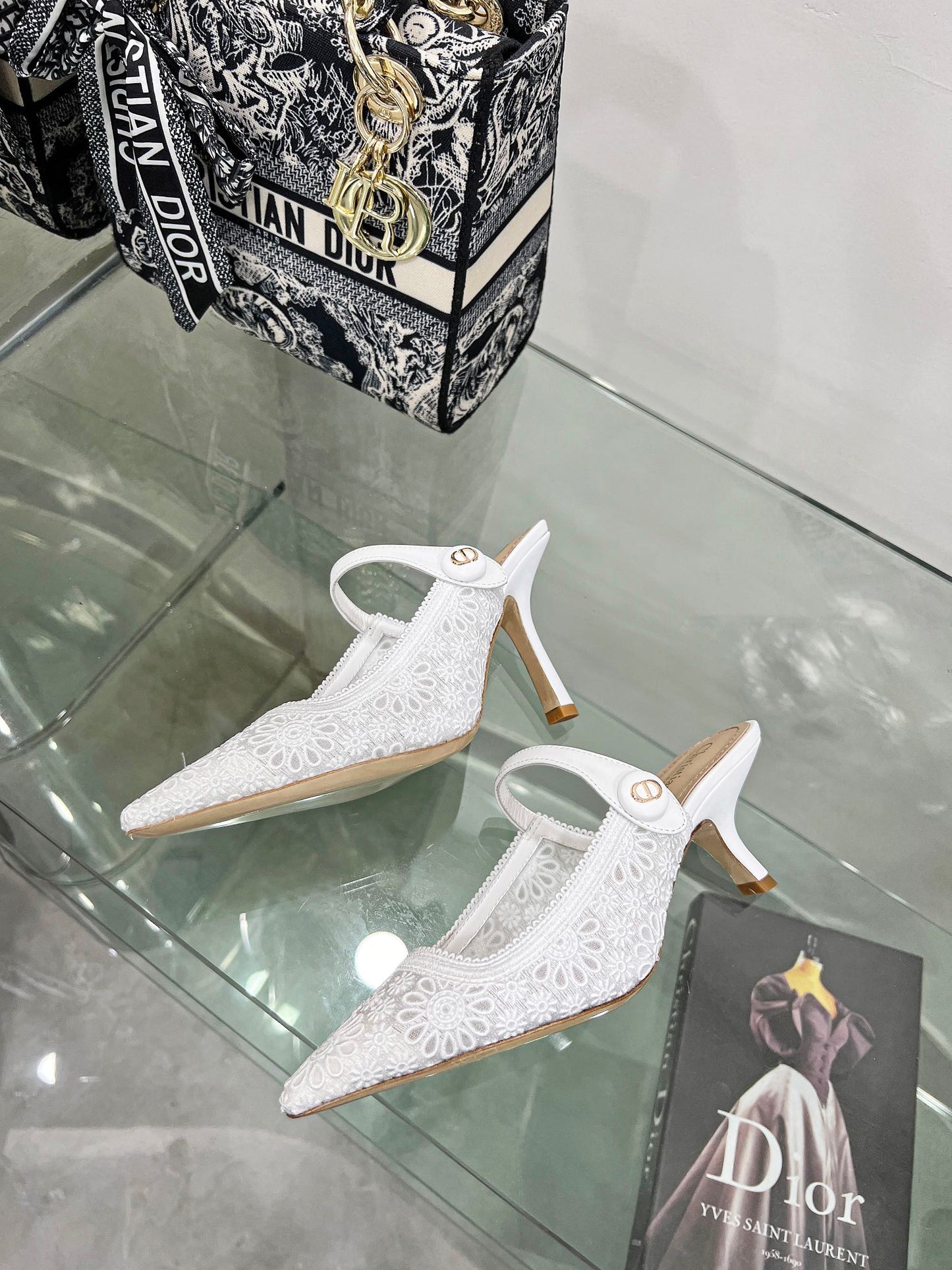 DIOR pump 95 transparent mesh embroidered white flower moitif