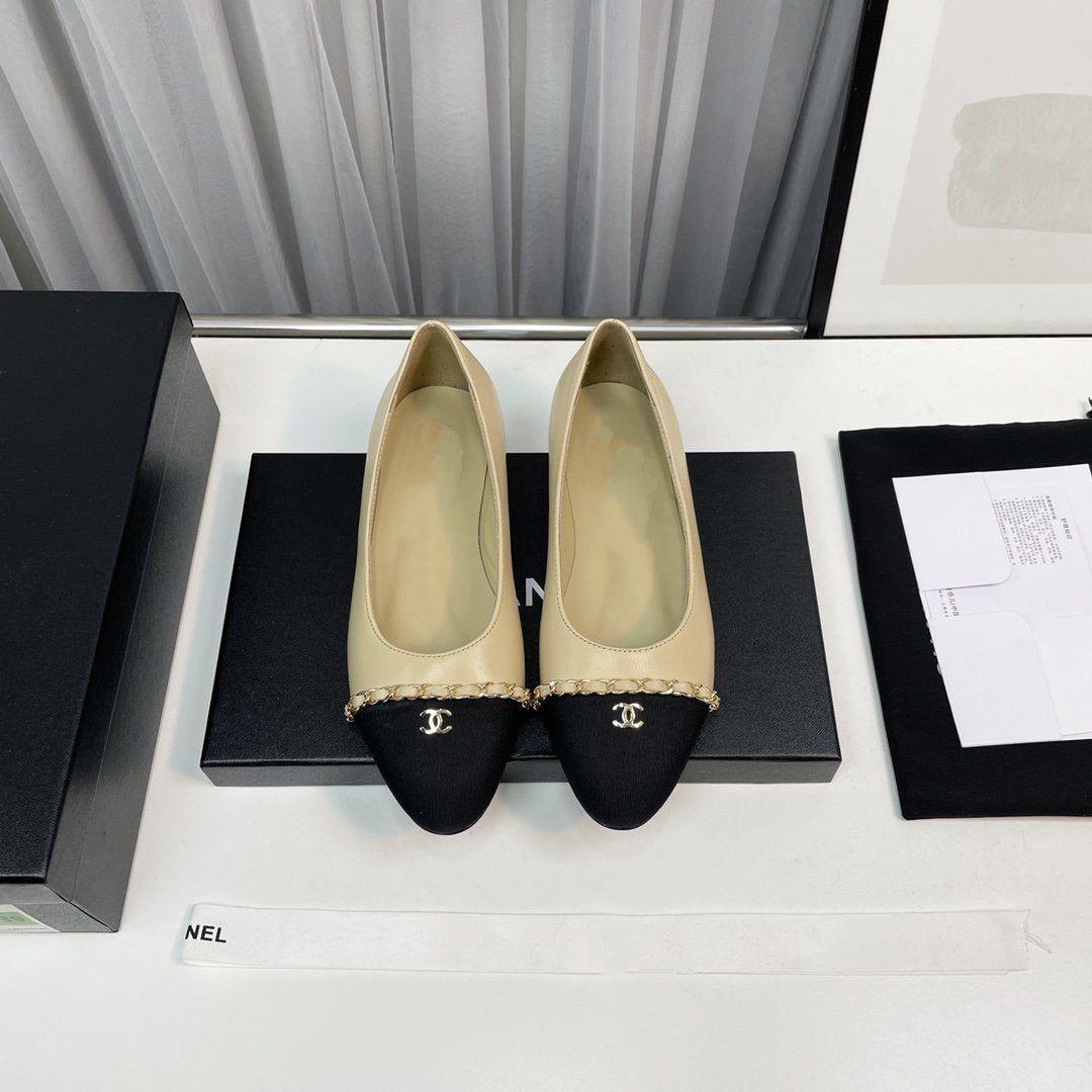 CHANEL ballet flat beige lambskin black leather chain grosgrain