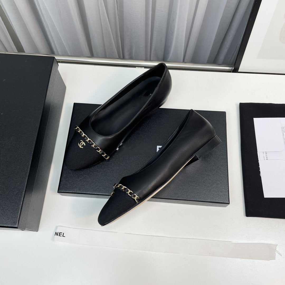 CHANEL ballet flat black lambskin leather chain grosgrain