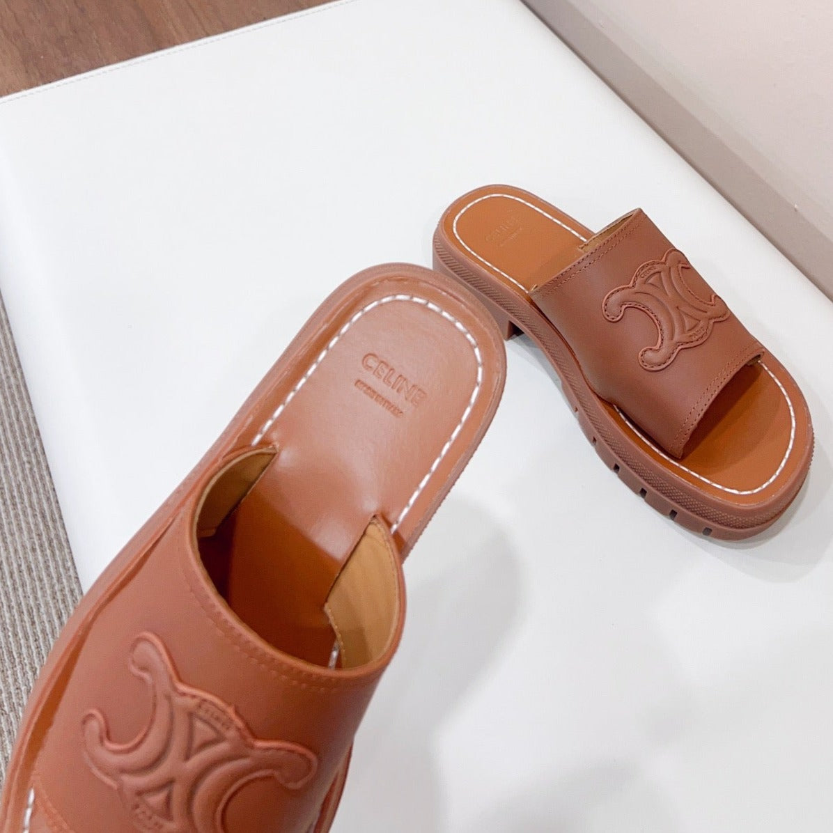 Celine LEA TRIOMPHE PLATFORM SLIDES WOMEN VEGETABLE TANNED CALFSKIN BROWN