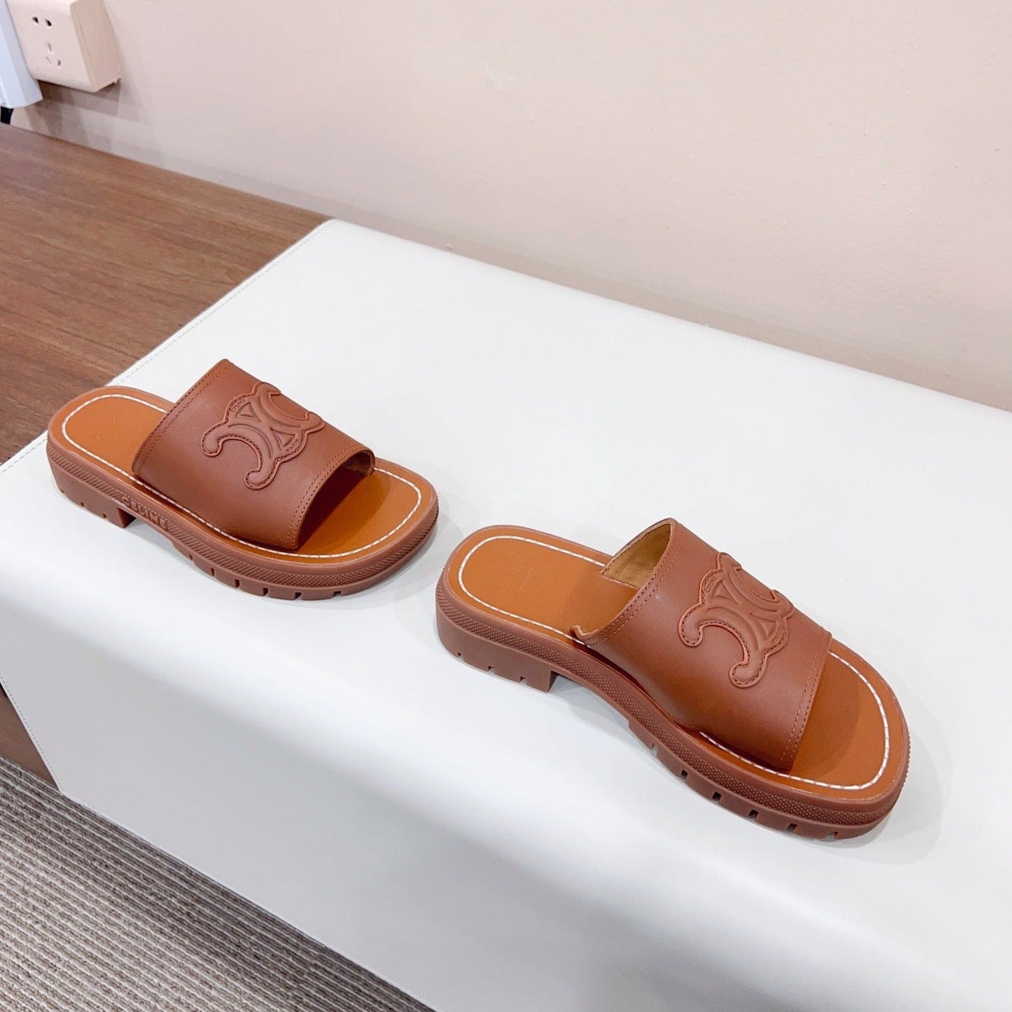 Celine LEA TRIOMPHE PLATFORM SLIDES WOMEN VEGETABLE TANNED CALFSKIN BROWN
