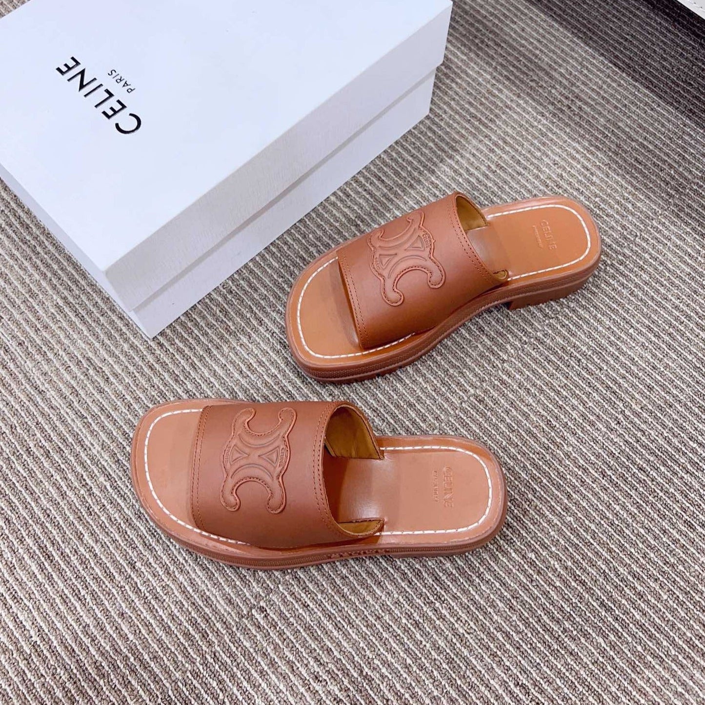 Celine LEA TRIOMPHE PLATFORM SLIDES WOMEN VEGETABLE TANNED CALFSKIN BROWN