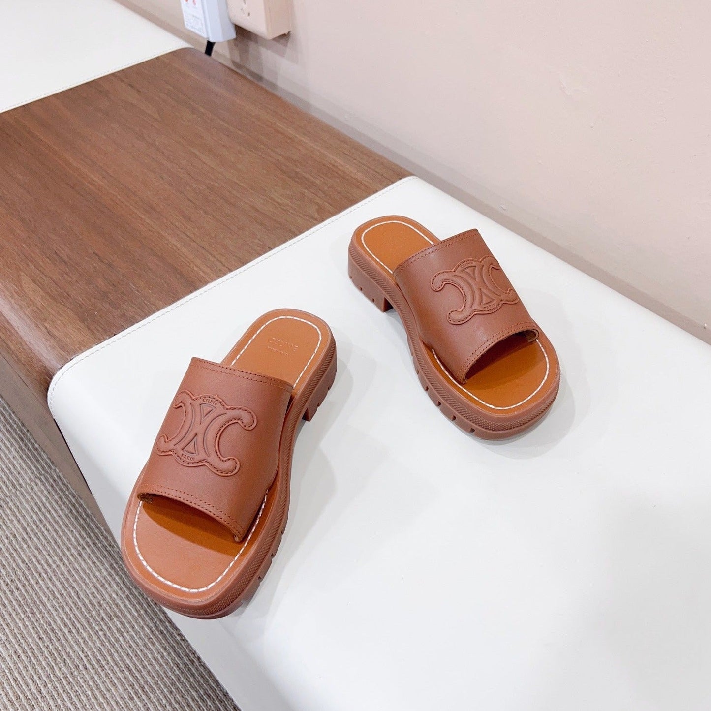 Celine LEA TRIOMPHE PLATFORM SLIDES WOMEN VEGETABLE TANNED CALFSKIN BROWN