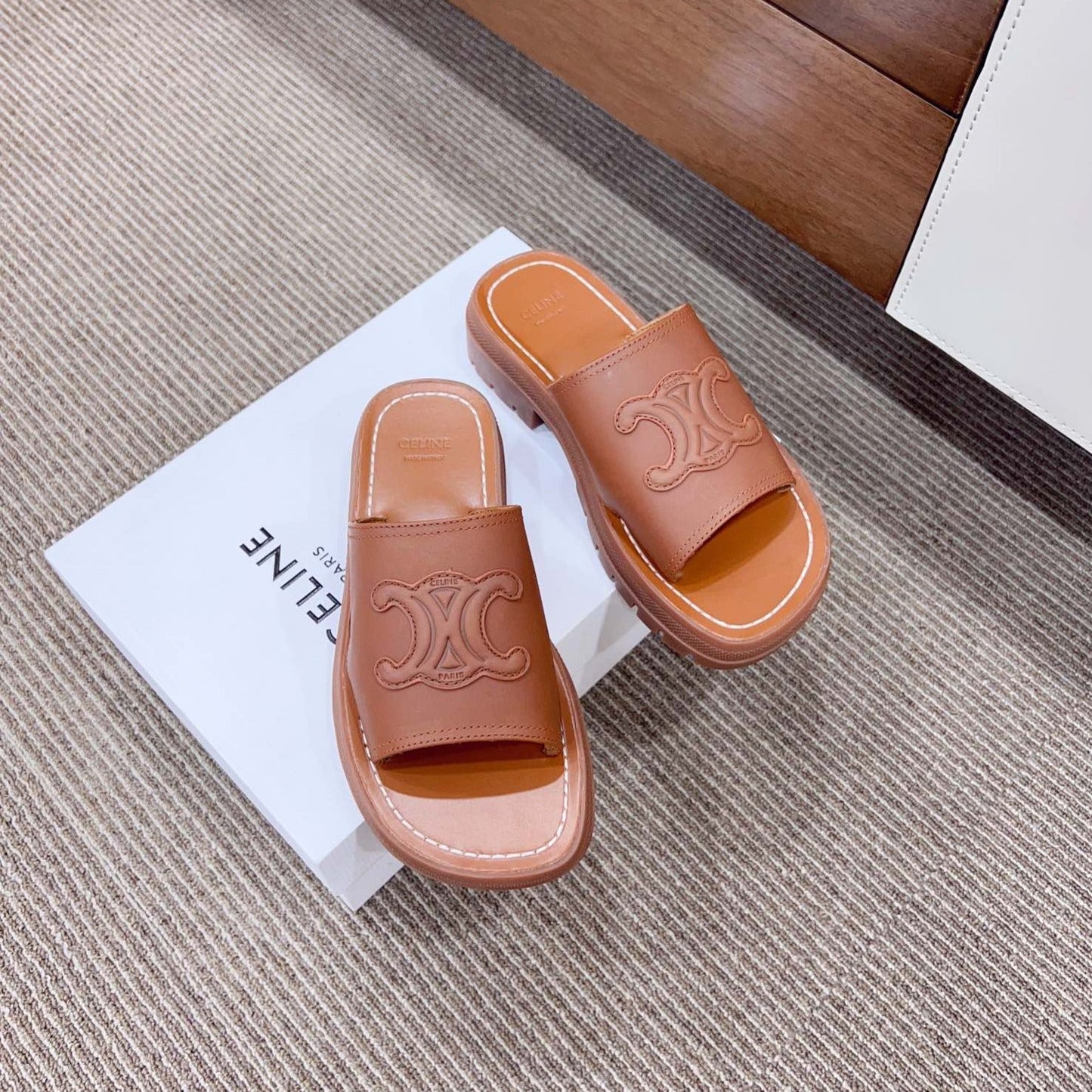 Celine LEA TRIOMPHE PLATFORM SLIDES WOMEN VEGETABLE TANNED CALFSKIN BROWN