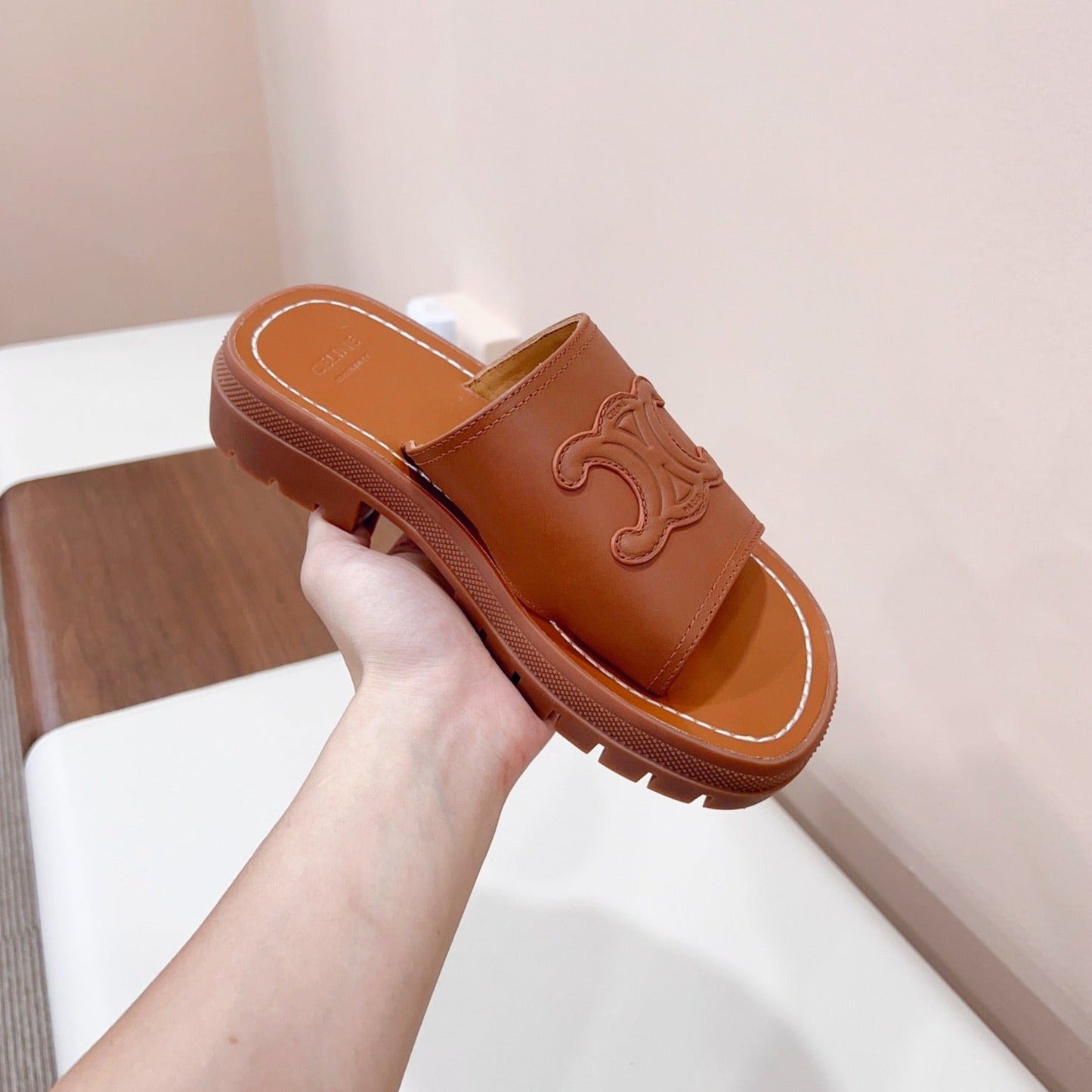 Celine LEA TRIOMPHE PLATFORM SLIDES WOMEN VEGETABLE TANNED CALFSKIN BROWN