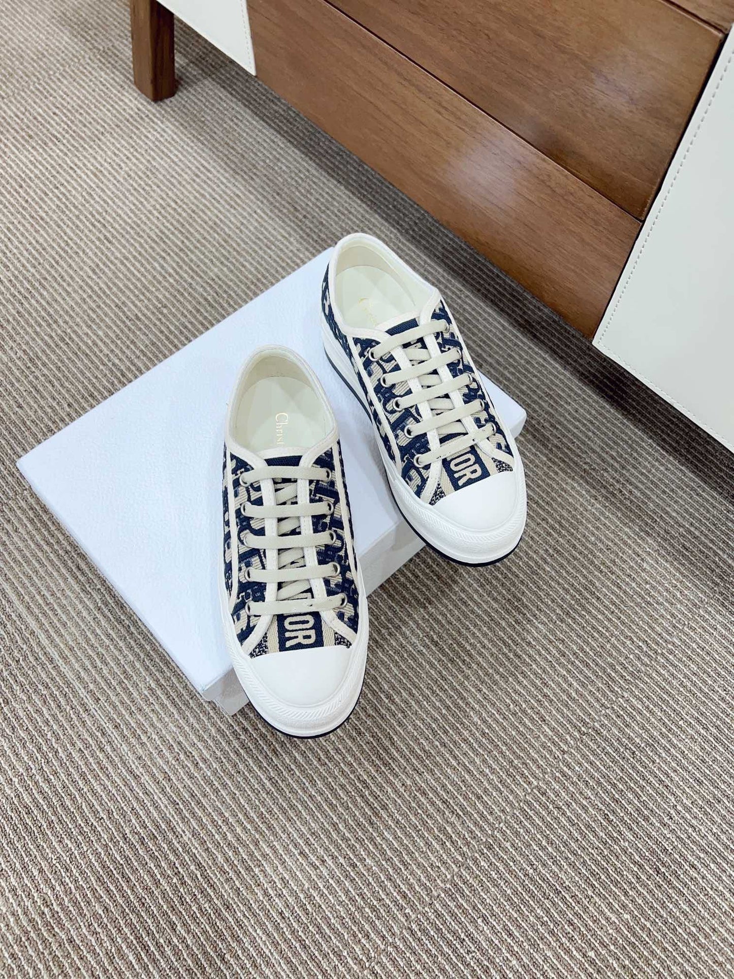 DIOR WALKN WHITE DEEP BLUE OBLIQUE EMBROIDERY CANVAS