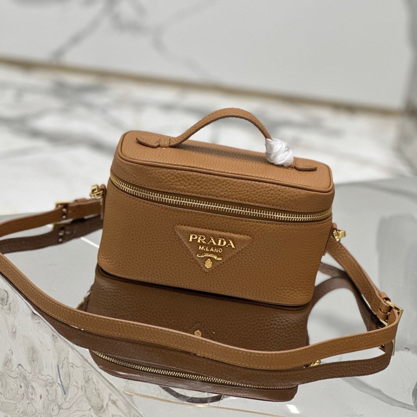 PRADA VANITY CASE 18 IN RUSSET BROWN GRAINED CALFSKIN GOLD HARDWARE