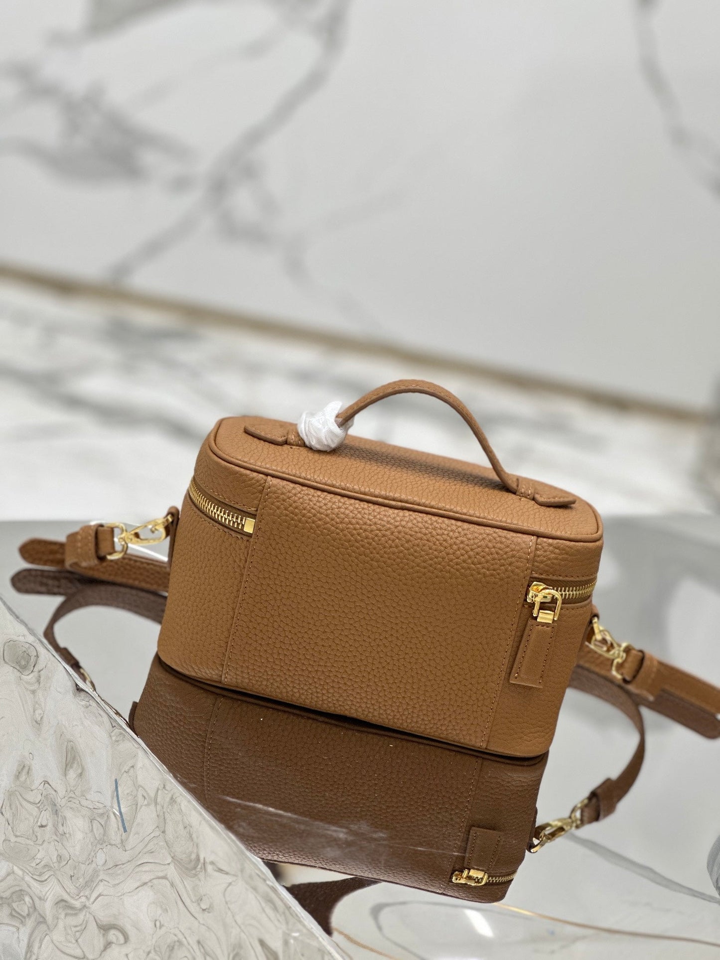 PRADA VANITY CASE 18 IN RUSSET BROWN GRAINED CALFSKIN GOLD HARDWARE