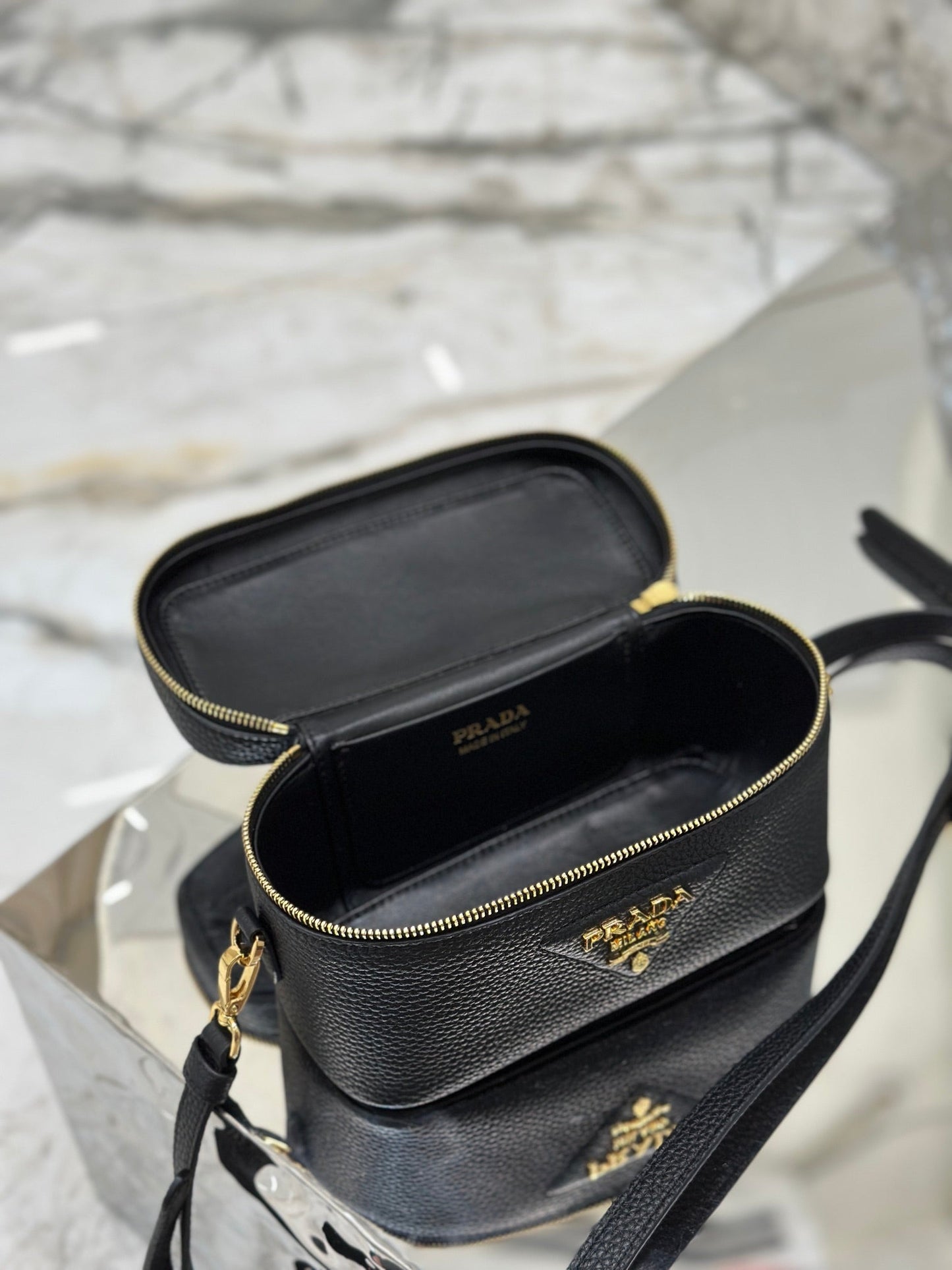 PRADA VANITY CASE 18 IN BLACK GRAINED CALFSKIN GOLD HARDWARE