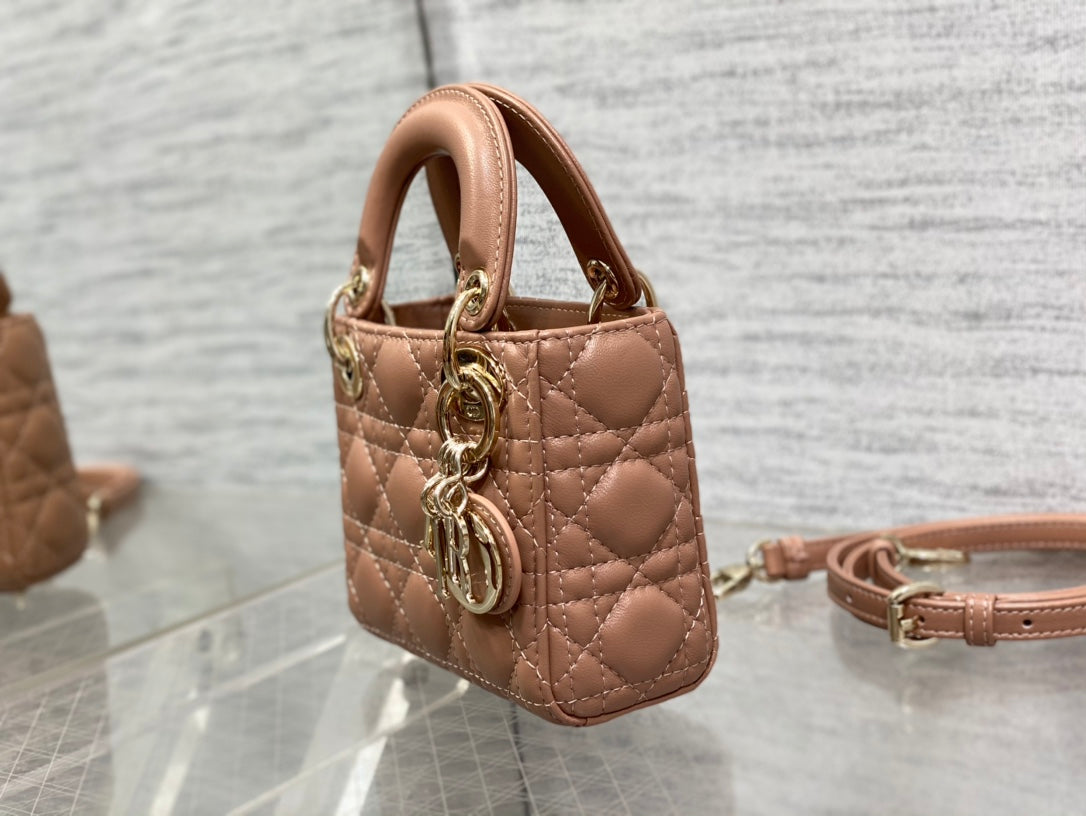 DIOR micro lady 12 pinkish brown lambskin ghw