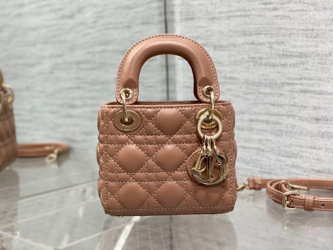 DIOR micro lady 12 pinkish brown lambskin ghw