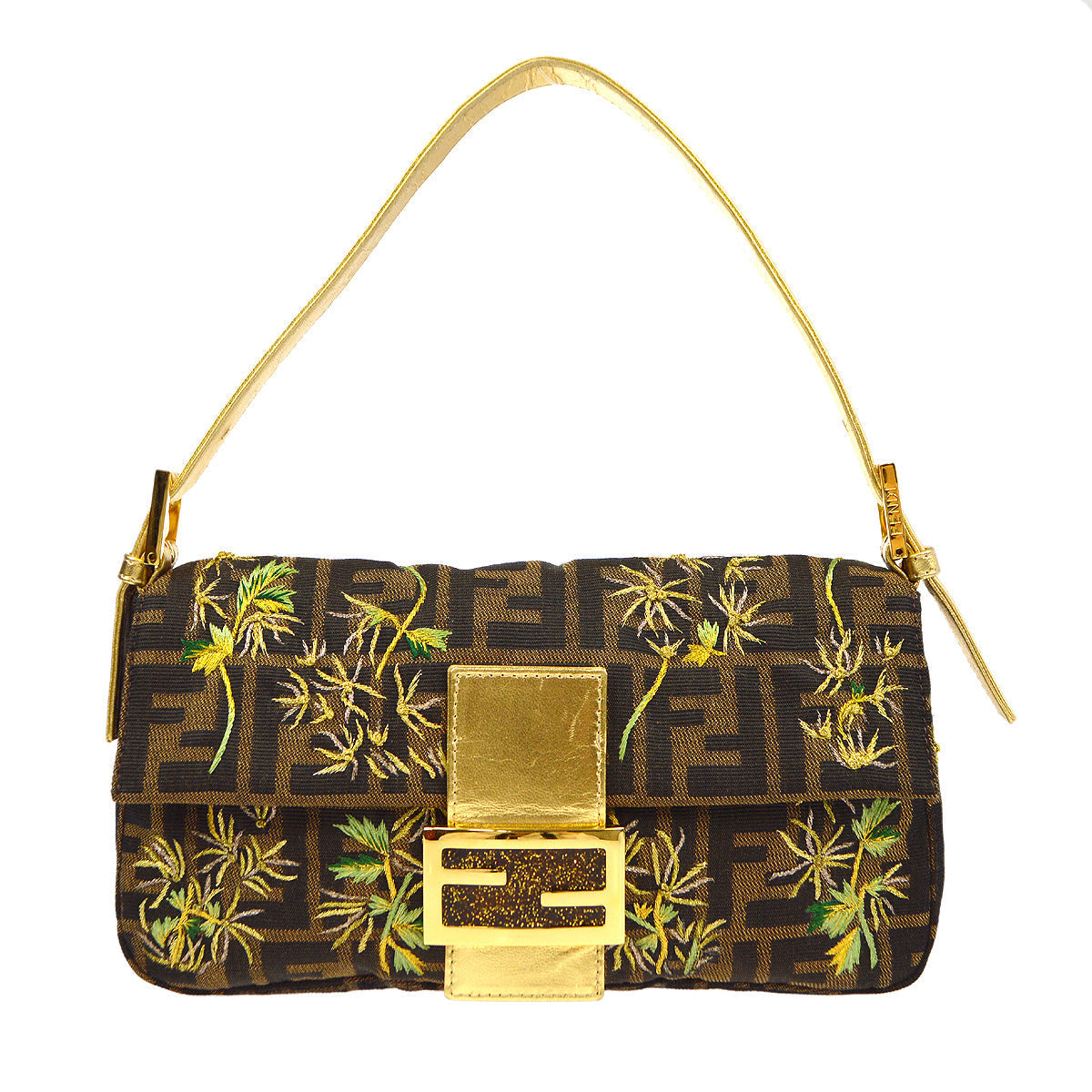 FENDI Embroidered Zucca Baguette Handbag Brown Gold 97872