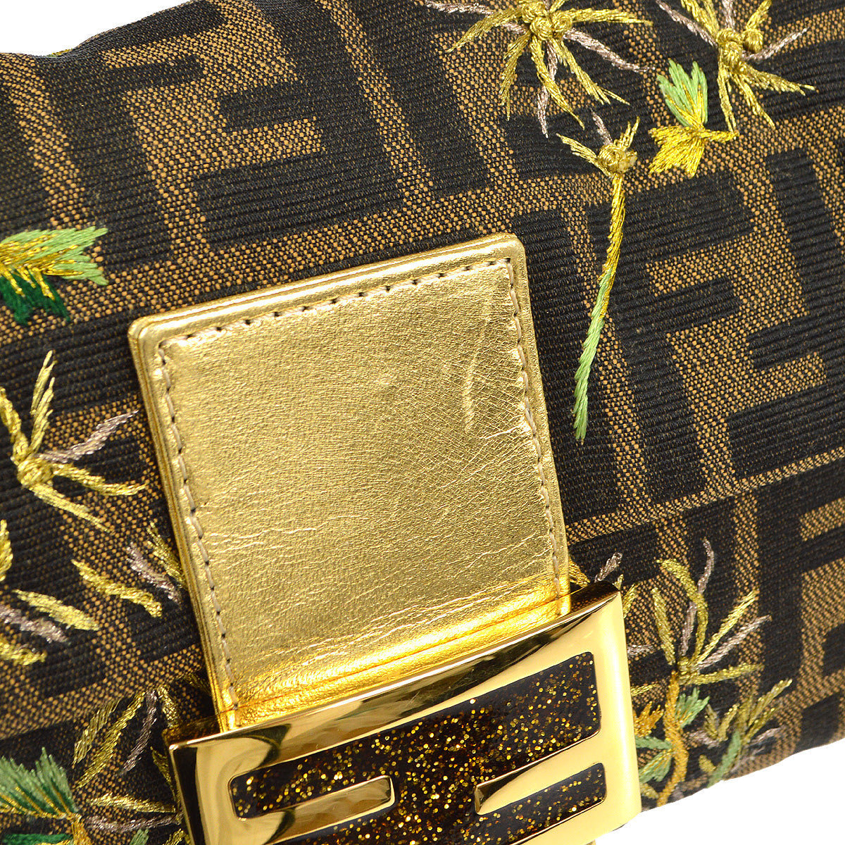 FENDI Embroidered Zucca Baguette Handbag Brown Gold 97872